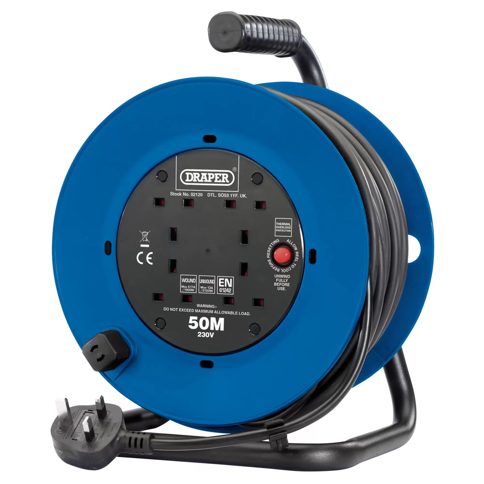 Draper Tools - 02120 - 230V Four Socket Industrial Cable Reel, 50m
