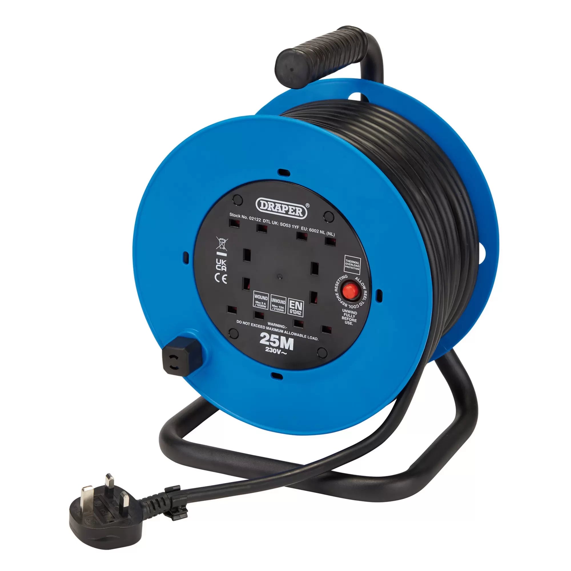 Draper Tools - 02122 - 230V Heavy Duty Industrial Four Socket Cable Reel, 25m