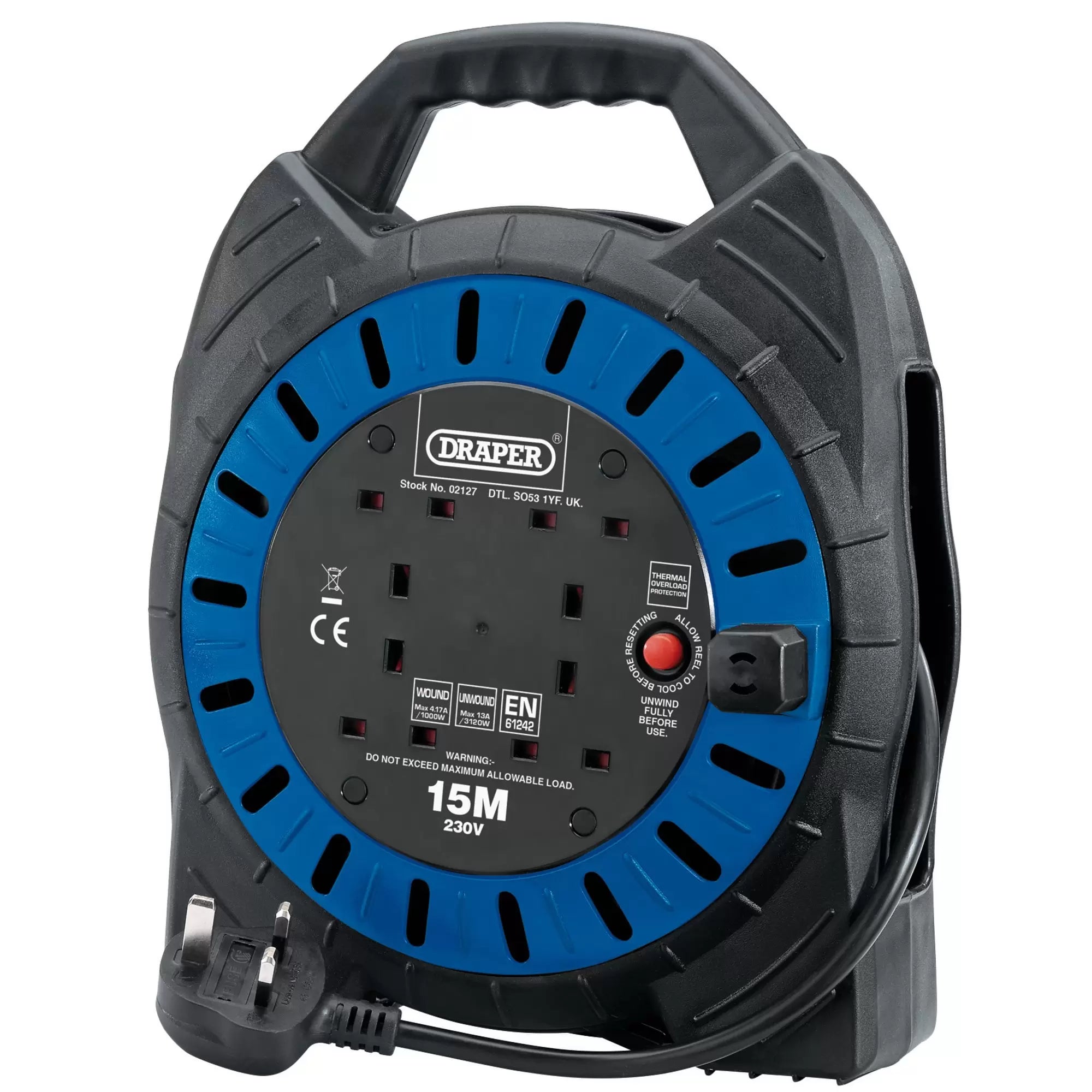 Draper Tools - 02127 - 230V Four Socket Cable Reel, 15m