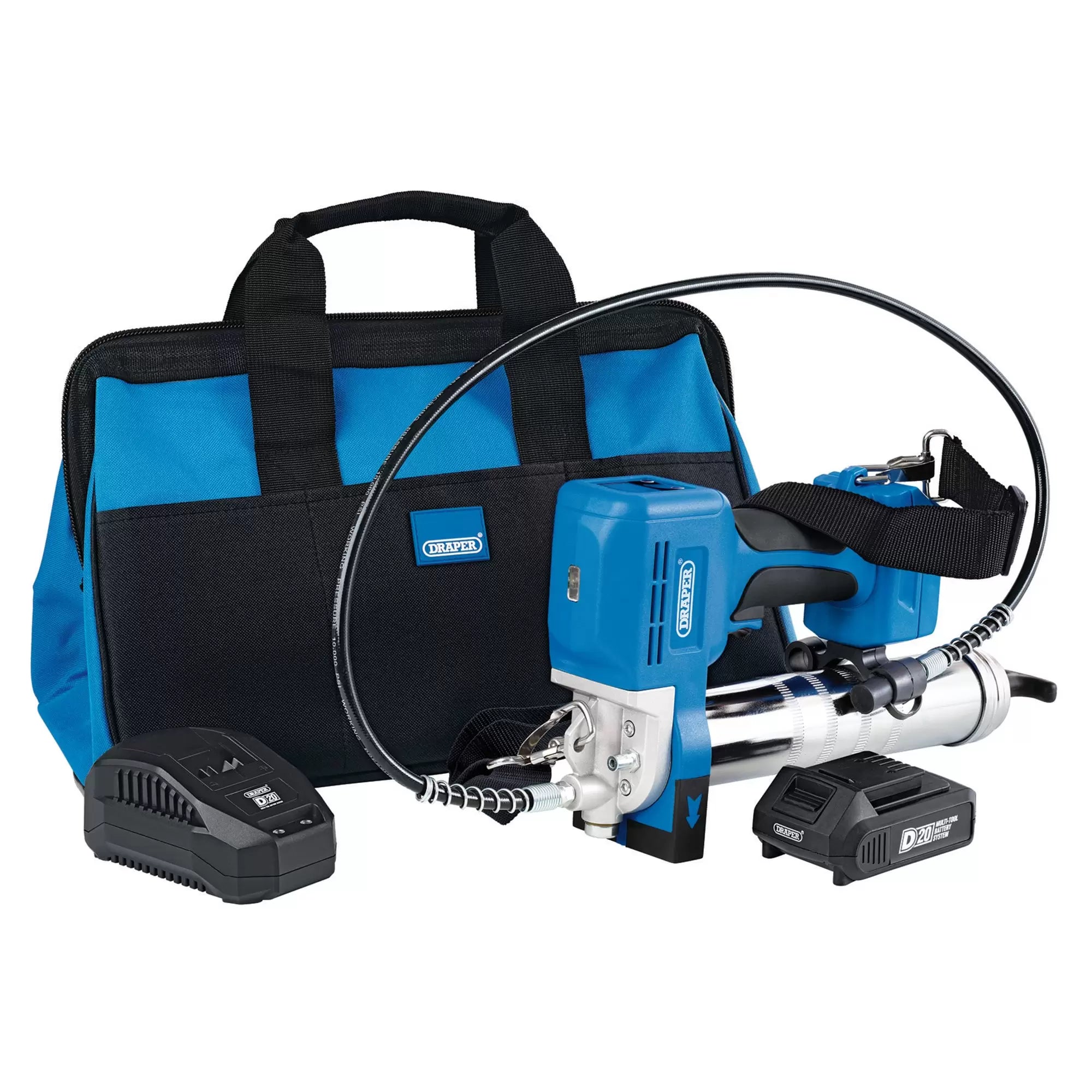 Draper Tools - 03359 - D20 20V Grease Gun Kit, 1 x 2.0Ah Battery, 1 x Charger (3 Piece)
