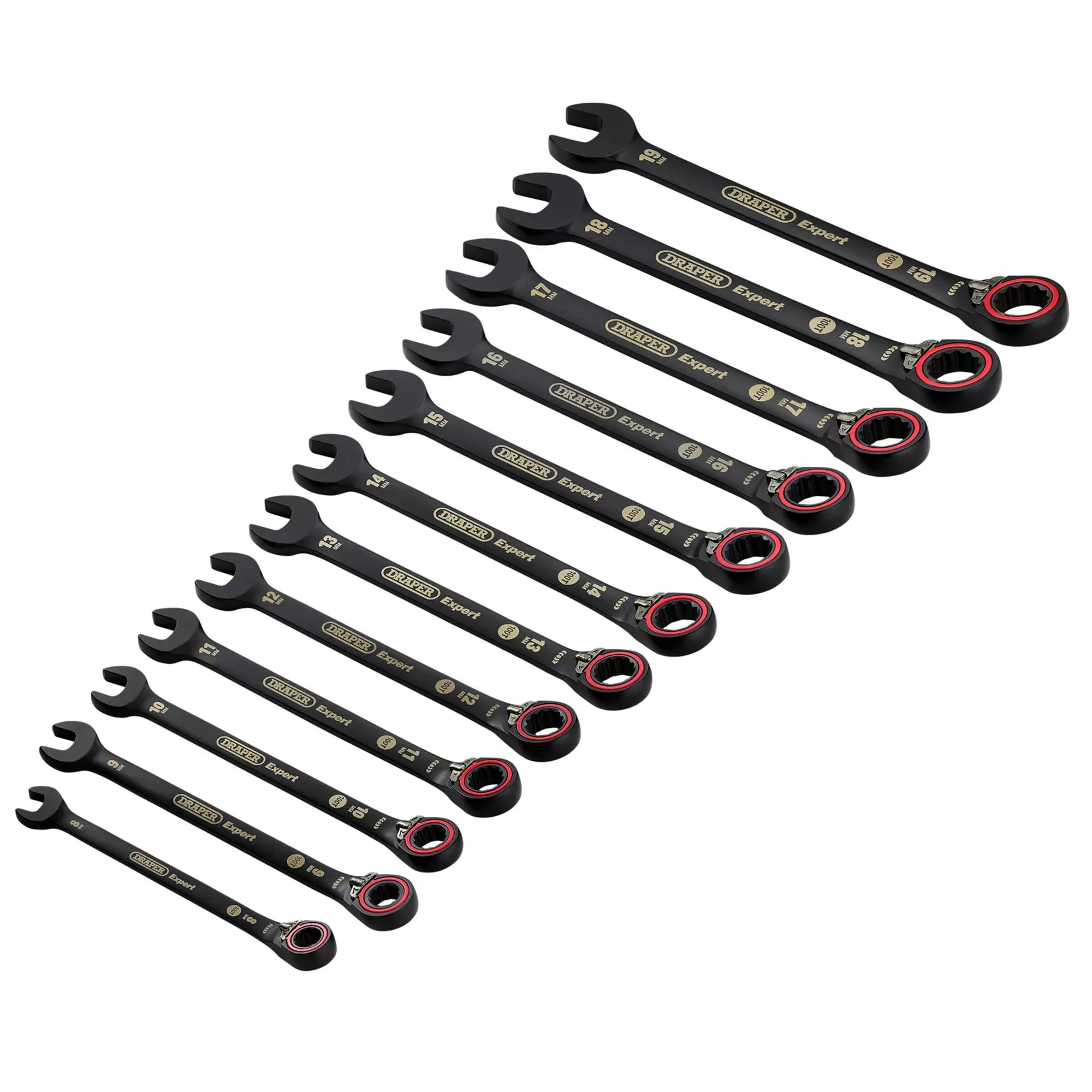 Draper Tools - 03912 - Draper Expert HI-TORQ®  Metric Reversible Ratchet Combination Spanner Set, Black (12 Piece)