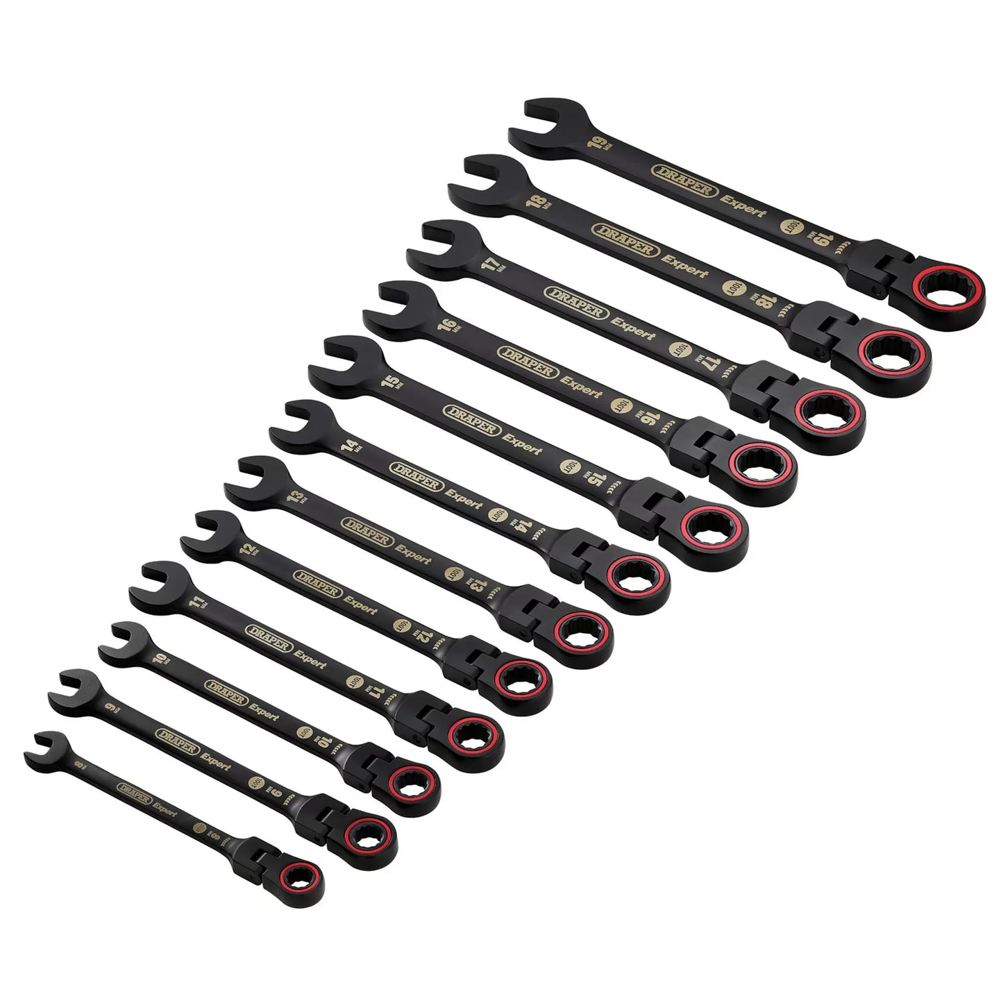 Draper Tools - 03929 - Draper Expert HI-TORQ® Metric Flexible Head Ratchet Combination Spanner Set, Black (12 Piece)