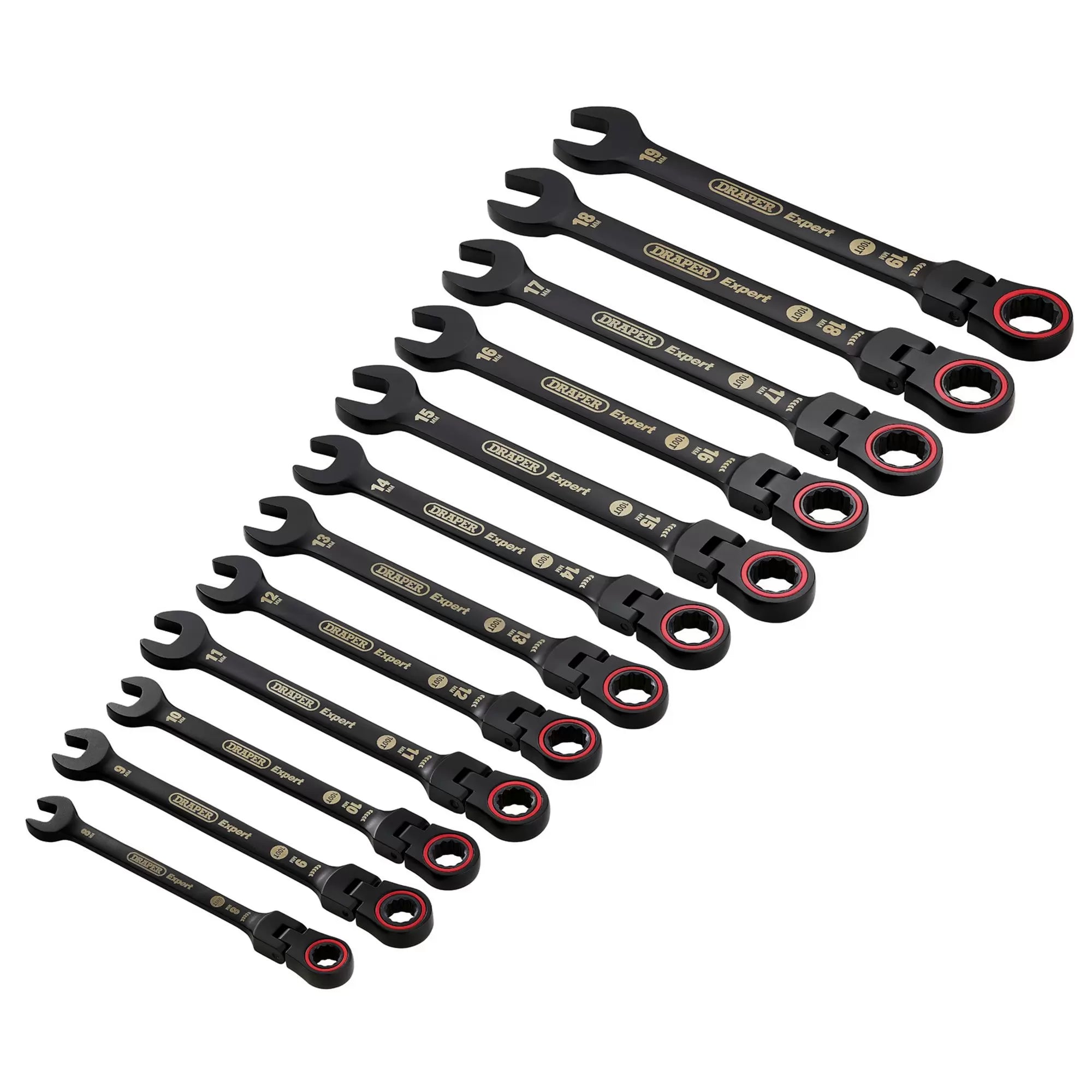 Draper Tools - 03929 - Draper Expert HI-TORQ® Metric Flexible Head Ratchet Combination Spanner Set, Black (12 Piece)