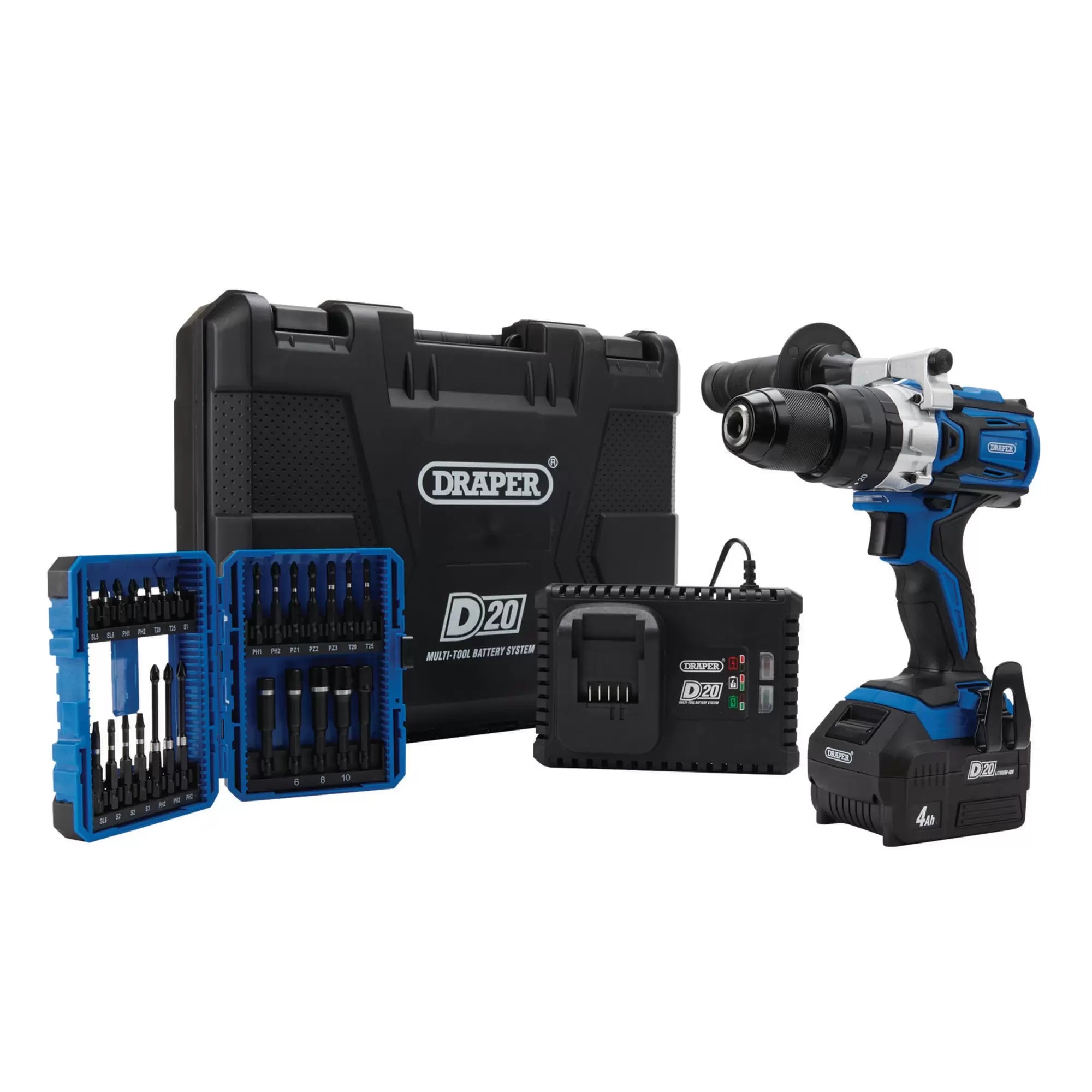 Draper Tools - 04790 - D20 20V Brushless Combi Drill Kit & Draper Expert Impact Screwdriver  Bit Set (26 Piece)