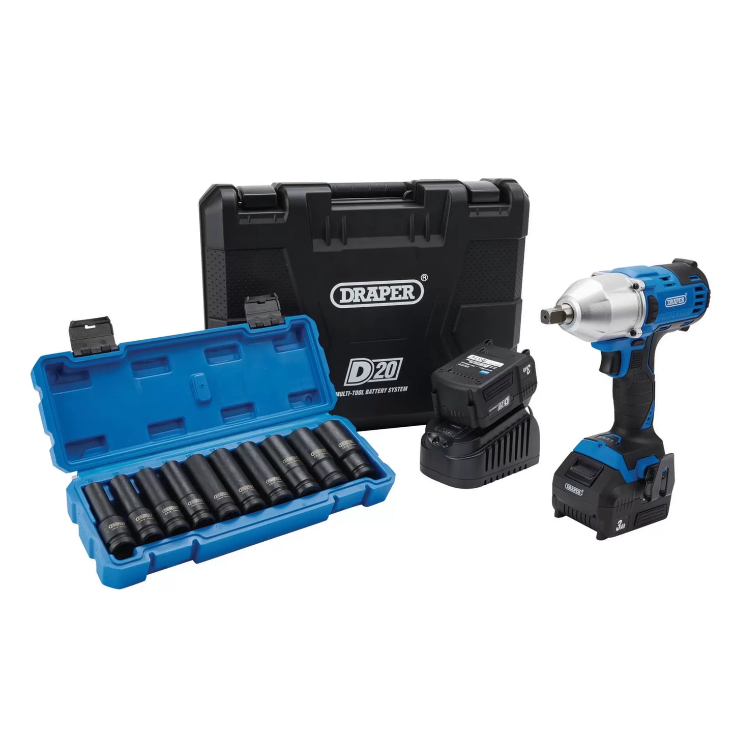 Draper Tools - 04791 - D20 20V Brushless Mid-Torque Impact Wrench Kit, 1/2" Sq. Dr, 400Nm, & Metric Deep Impact Socket Set (10 Piece)