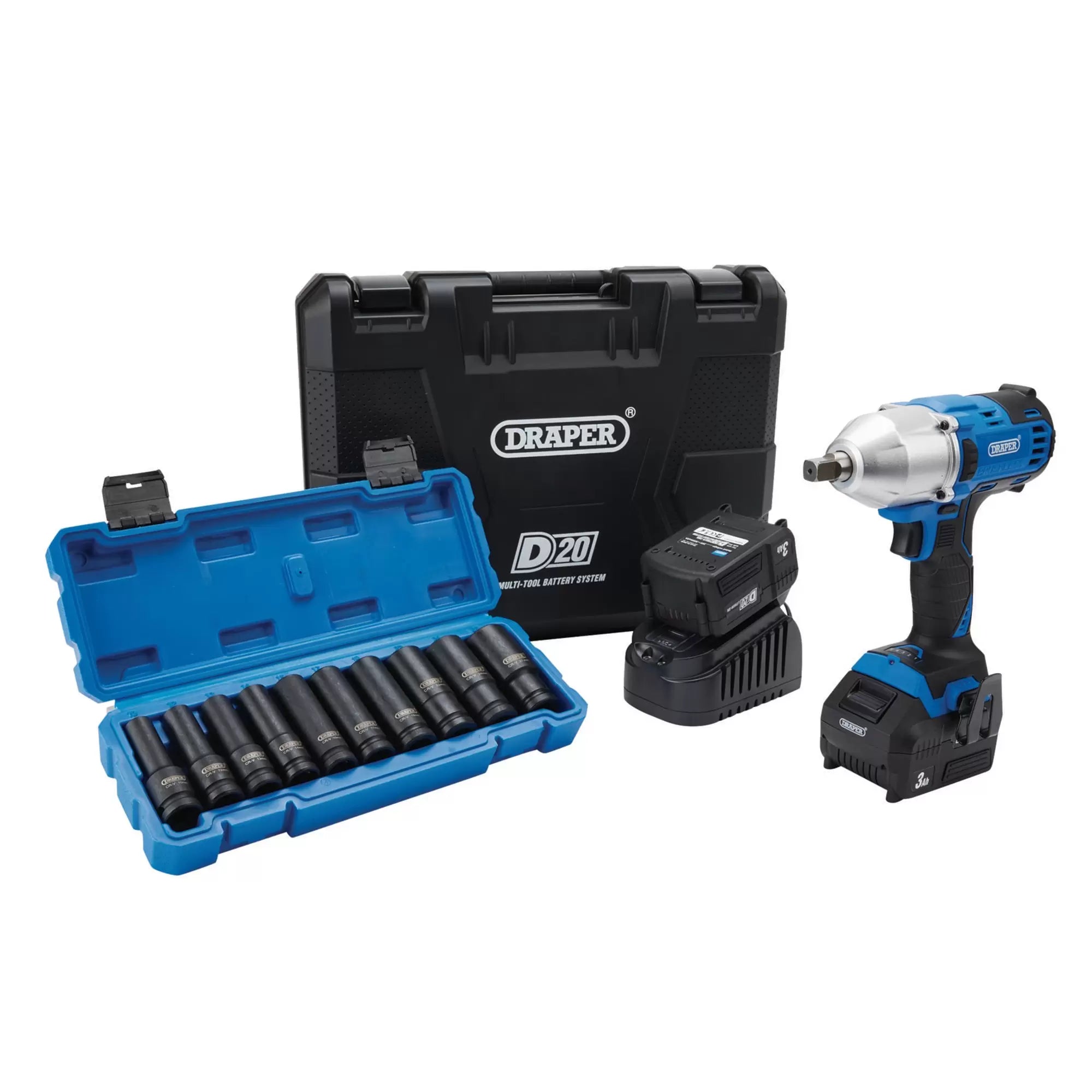 Draper Tools - 04791 - D20 20V Brushless Mid-Torque Impact Wrench Kit, 1/2" Sq. Dr, 400Nm, & Metric Deep Impact Socket Set (10 Piece)