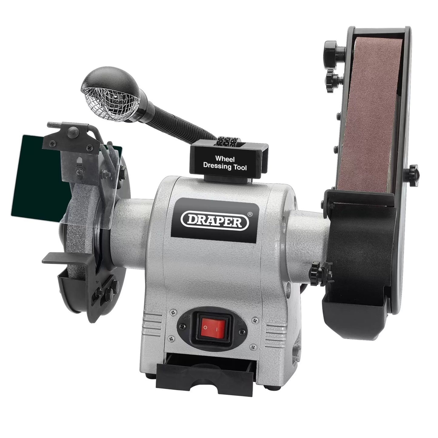 Draper Tools - 05096 - Bench Grinder with Sanding Belt and Work light, 150mm, 370W