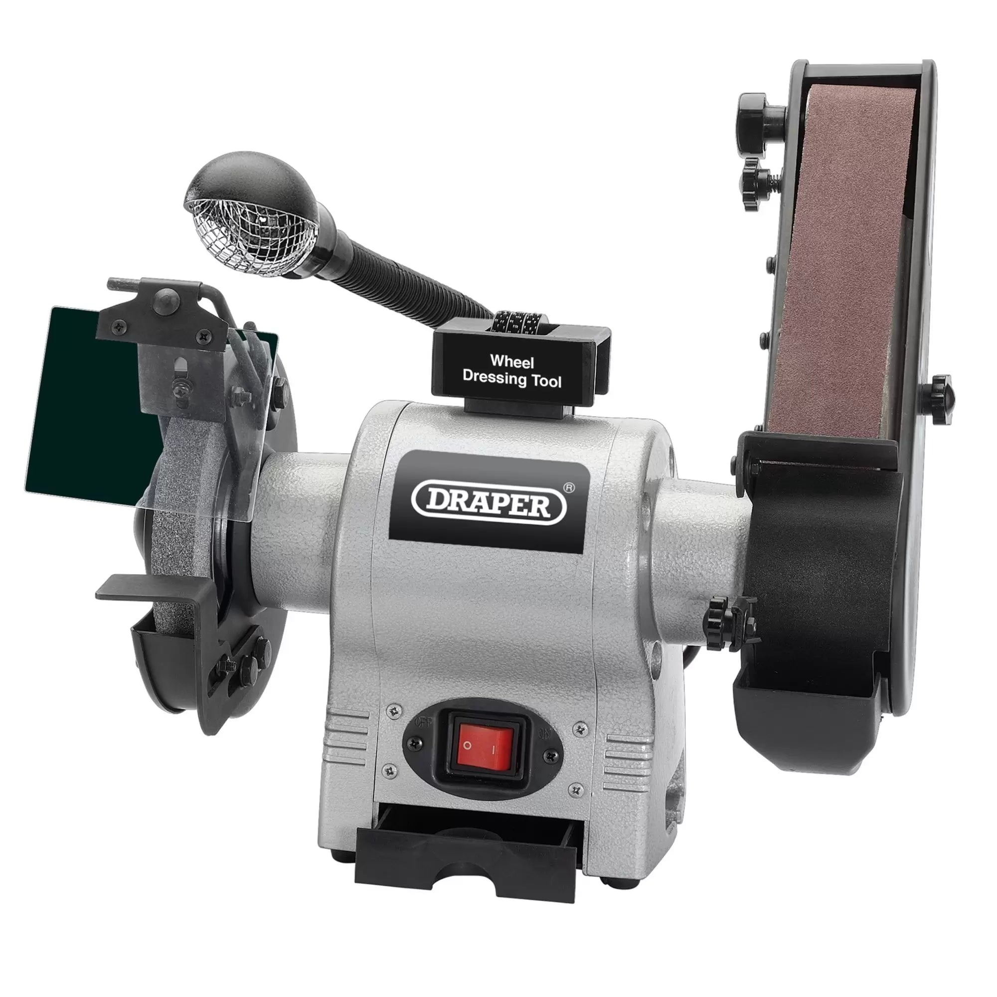 Draper Tools - 05096 - Bench Grinder with Sanding Belt and Work light, 150mm, 370W