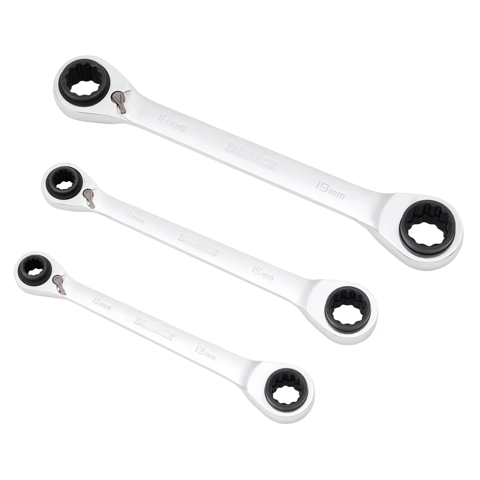 Draper Tools - 11652 - Metric 4-in-1 Reversible Double Ring End Ratchet Spanner Set (3 Piece)