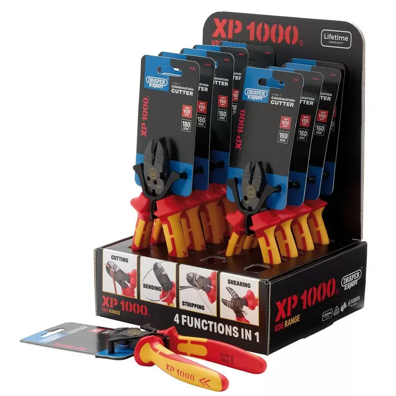 Draper Tools - 13610 - XP1000® Counter Top Display of VDE 160mm 4-in-1 Combination Cutters & 180mm 4-in-1 Combination Cutters (10 Piece)