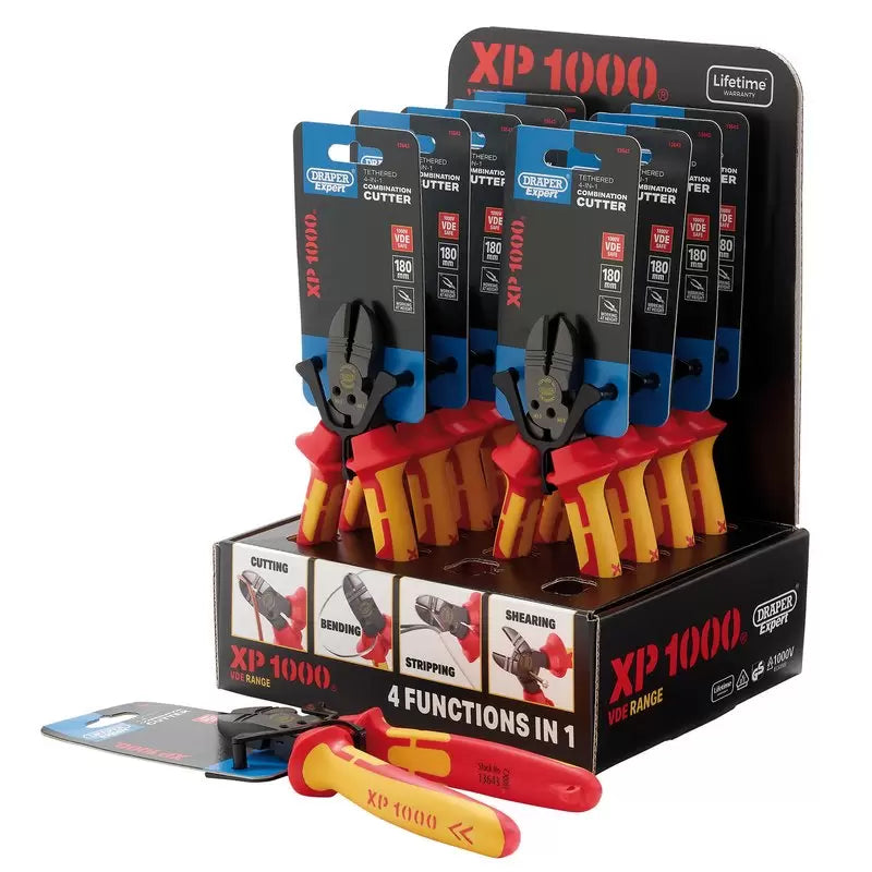 Draper Tools - 13616 - XP1000® Counter Top Display of VDE 180mm 4-in-1 Tethered Combination Cutters (10 Piece)