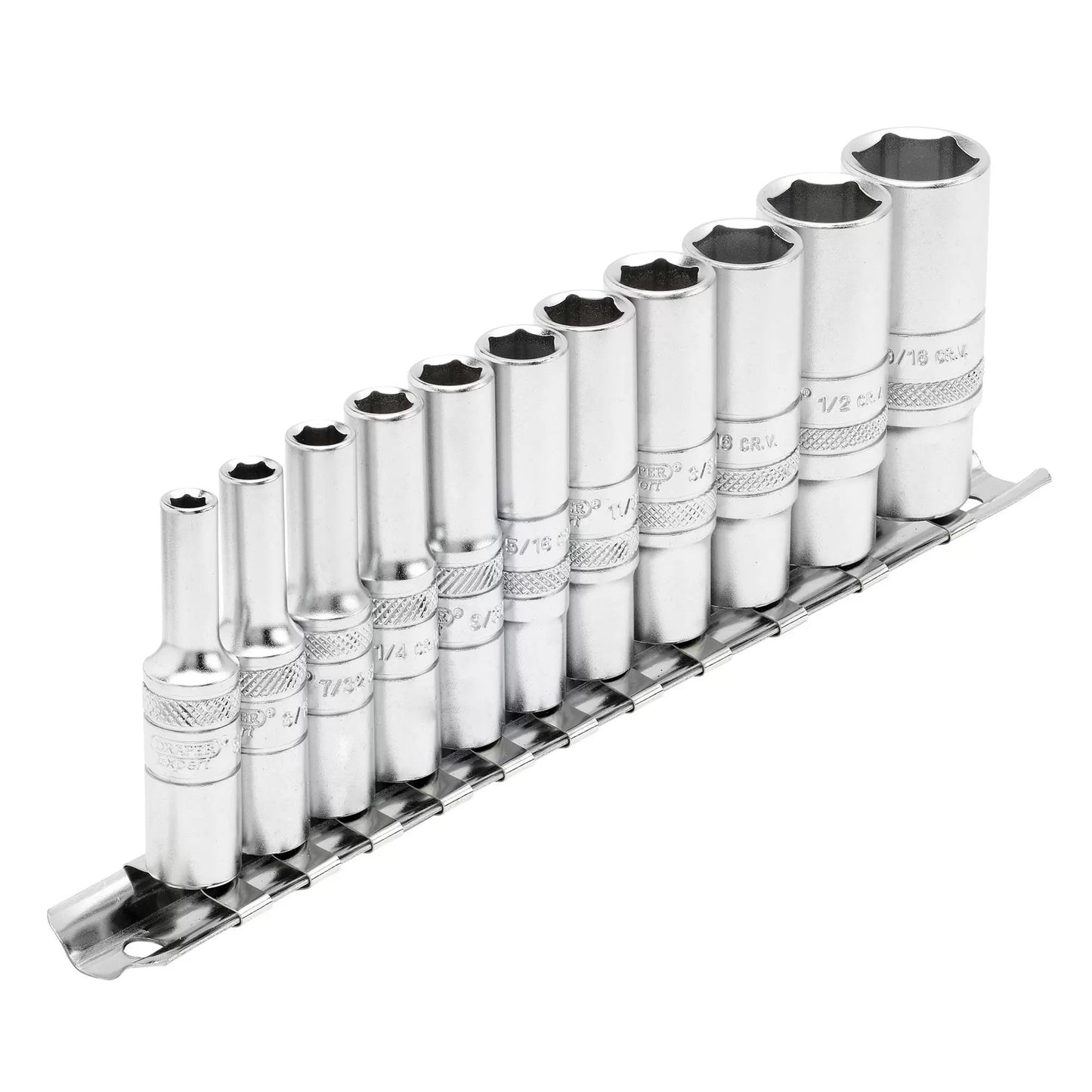 Draper Tools - 16491 - Draper Expert Imperial Deep Socket on Metal Rail, 1/4" Sq. Dr. (11 Piece)