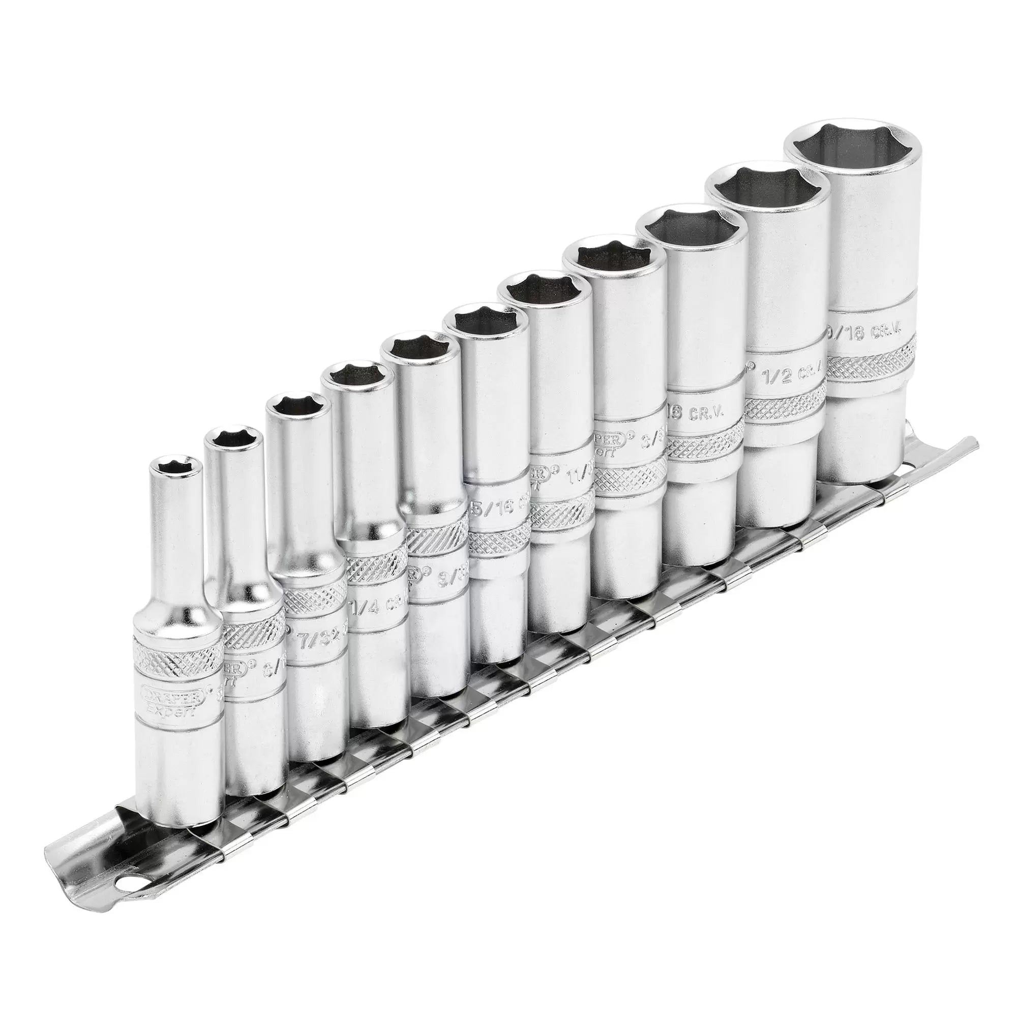 Draper Tools - 16491 - Draper Expert Imperial Deep Socket on Metal Rail, 1/4" Sq. Dr. (11 Piece)