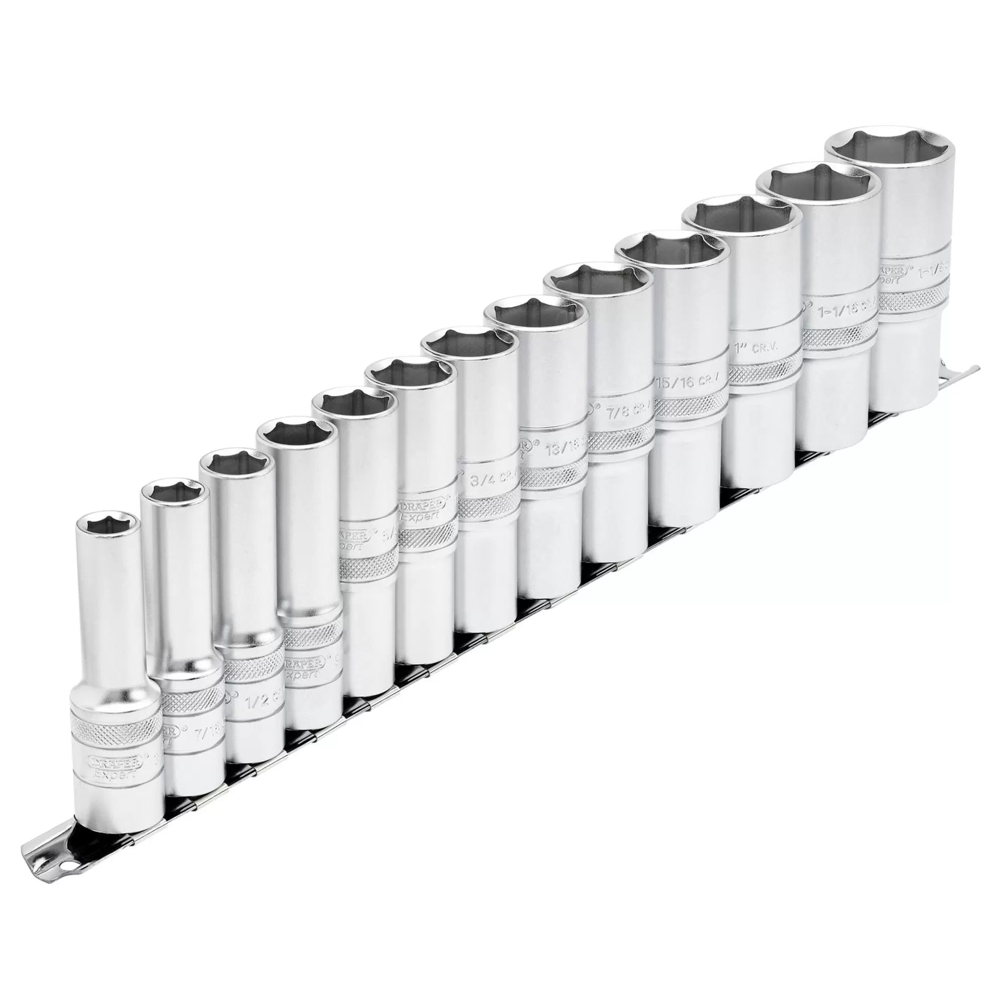Draper Tools - 16500 - Draper Expert Imperial Deep Socket on a Metal Rail, 1/2" Sq. Dr. (13 Piece)