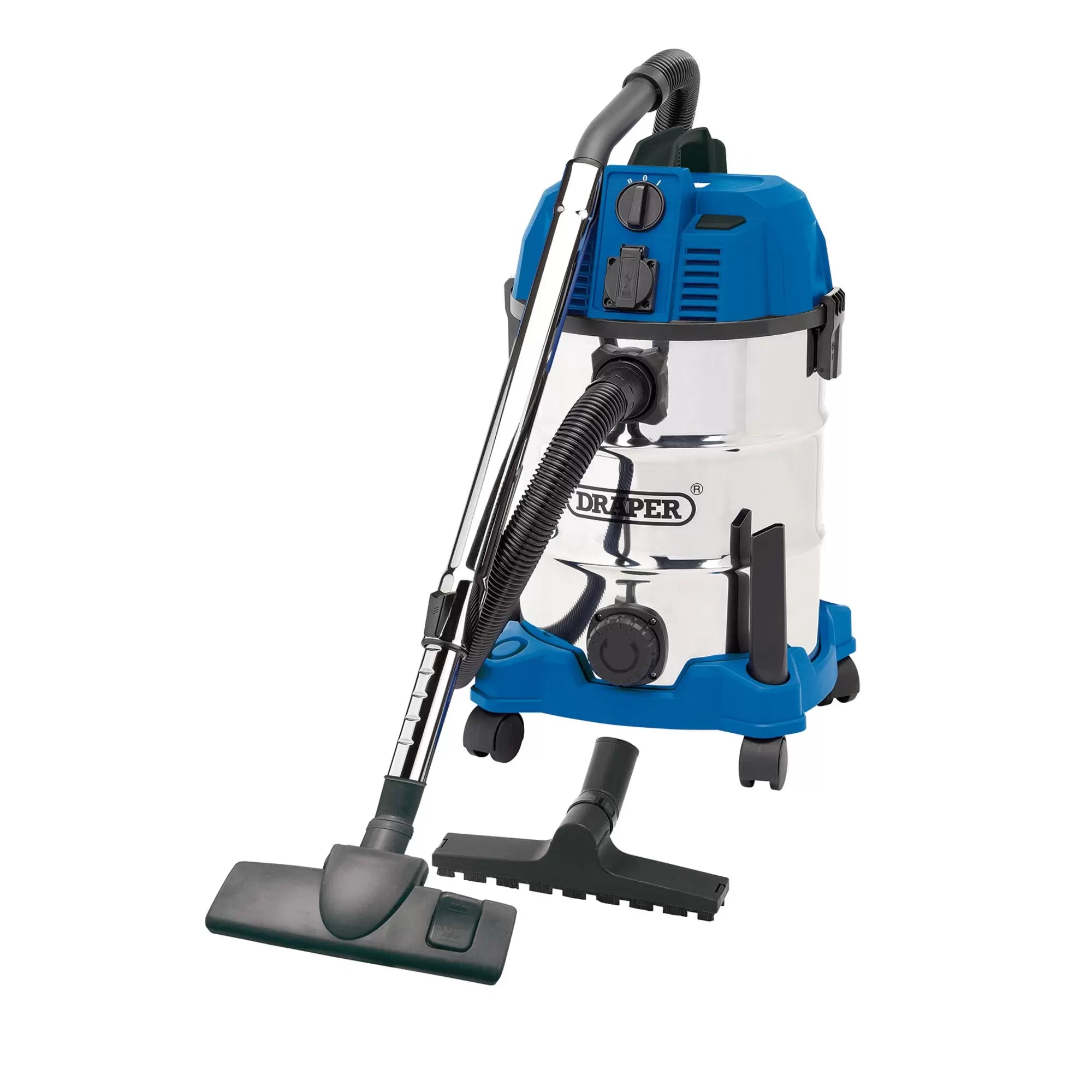 Draper Tools - 20529 - 230V Wet and Dry Vacuum Cleaner with Stainless Steel Tank and Integrated Power Out-Take Socket, 30L, 1300W