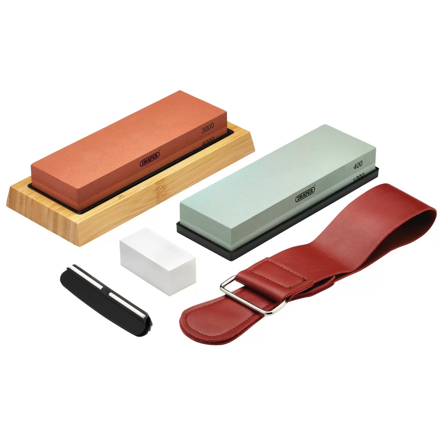 Draper Tools - 23968 - Whetstone Sharpening Stone Set with Non-Slip Base and Angle Guide, 400/1000/3000/8000 Grit