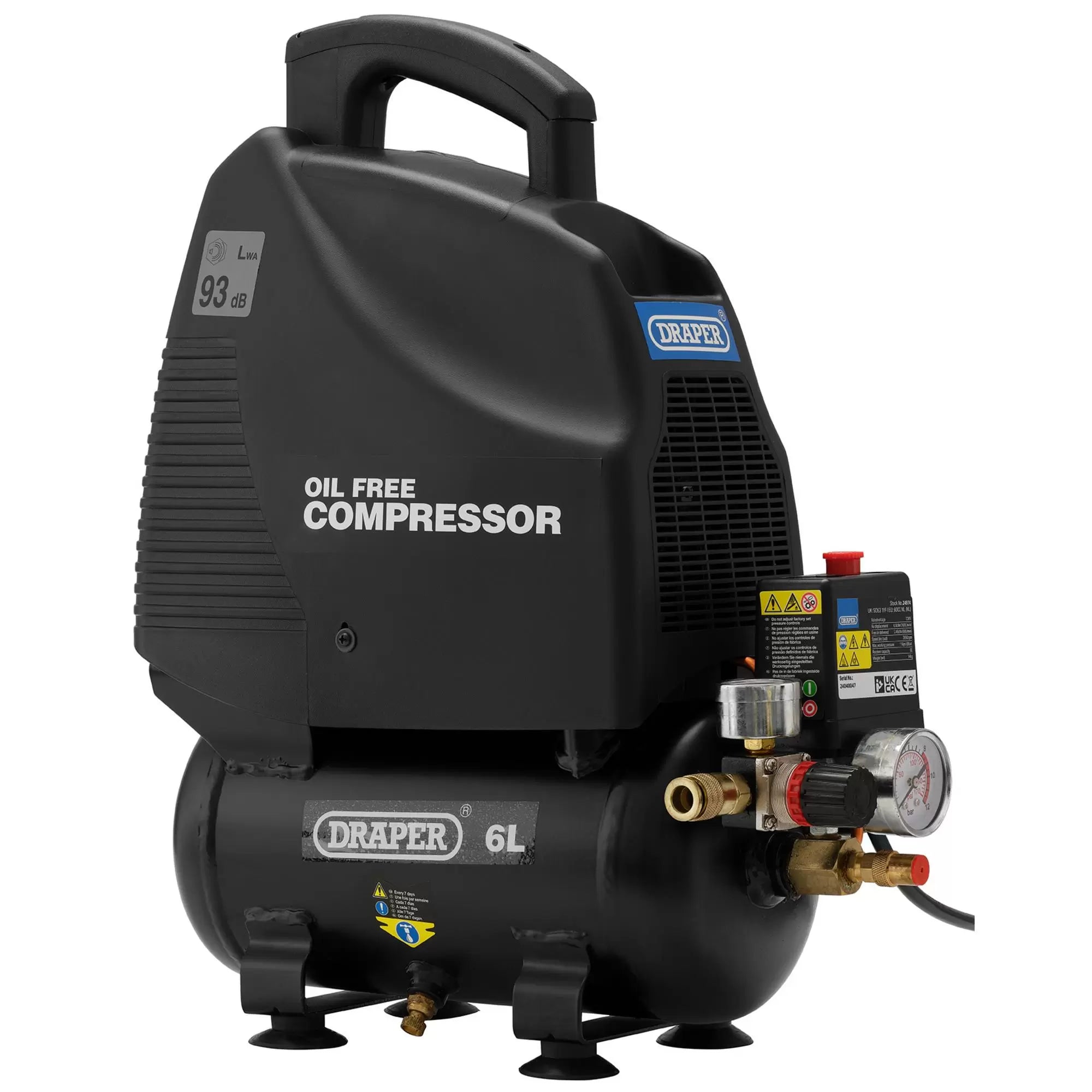Draper Tools - 24974 - 230V 6L Oil-Free Air Compressor, 1.1kW/1.5hp