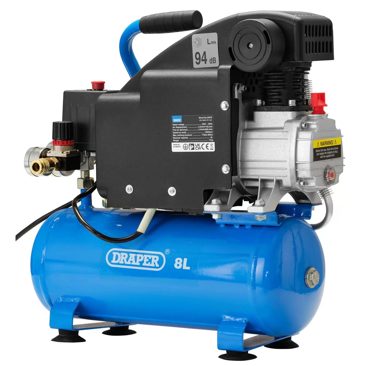Draper Tools - 24975 - 8L Direct Drive Air Compressor, 0.75kW/1.1hp
