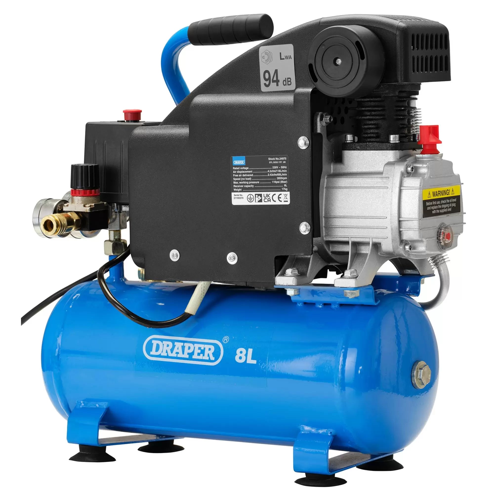 Draper Tools - 24975 - 8L Direct Drive Air Compressor, 0.75kW/1.1hp