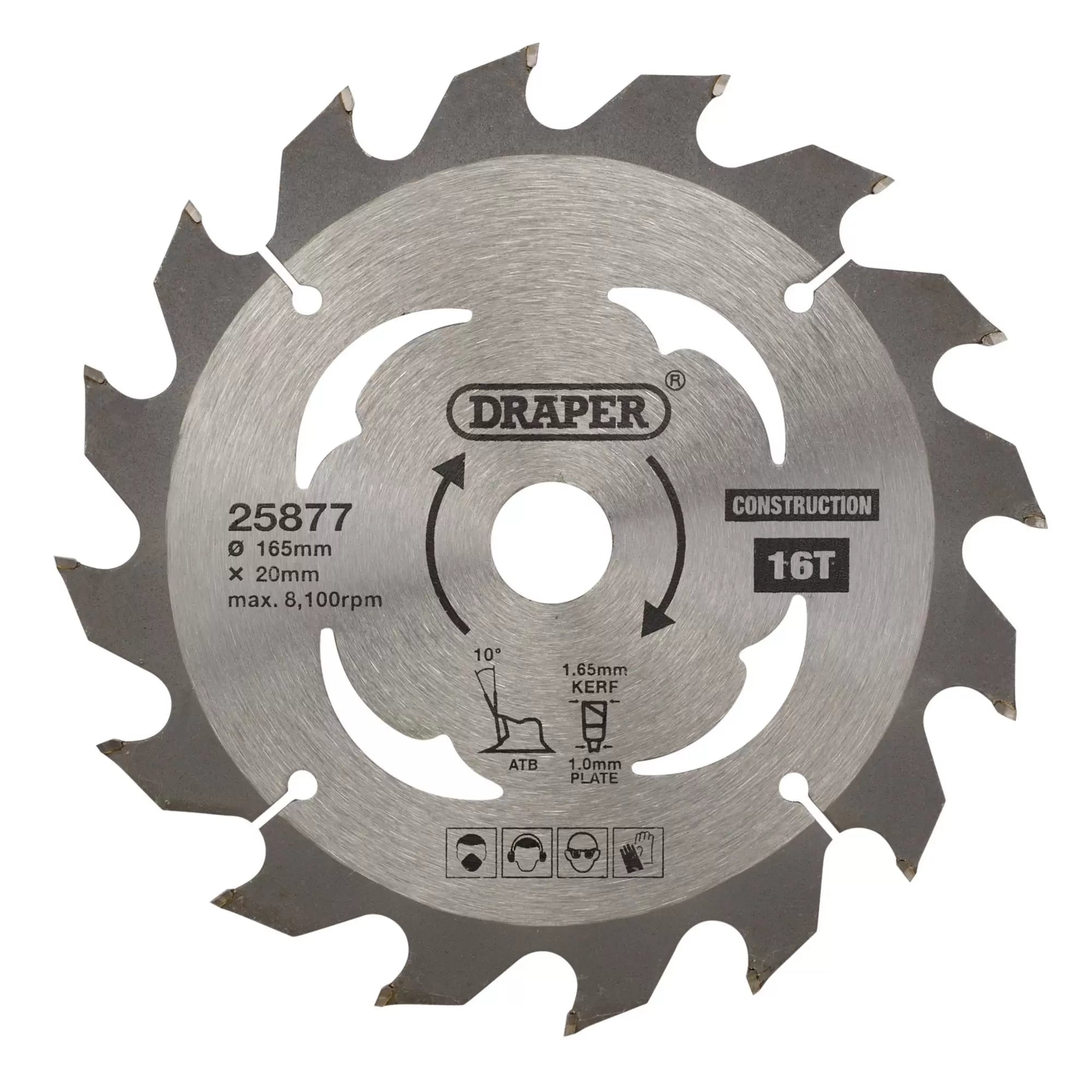 Draper Tools - 25877 - TCT Cordless Construction Circular Saw Blade for Wood & Composites, 165 x 20mm, 16T