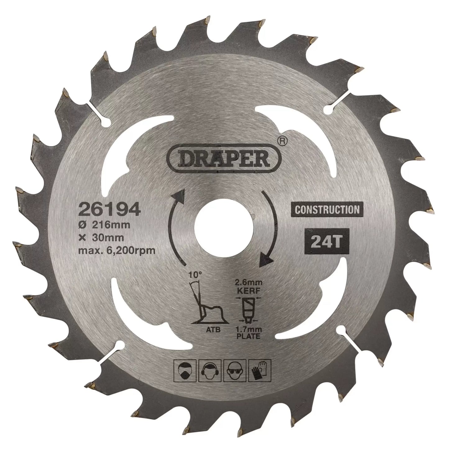 Draper Tools - 26194 - TCT Construction Circular Saw Blade, 216 x 30mm, 24T