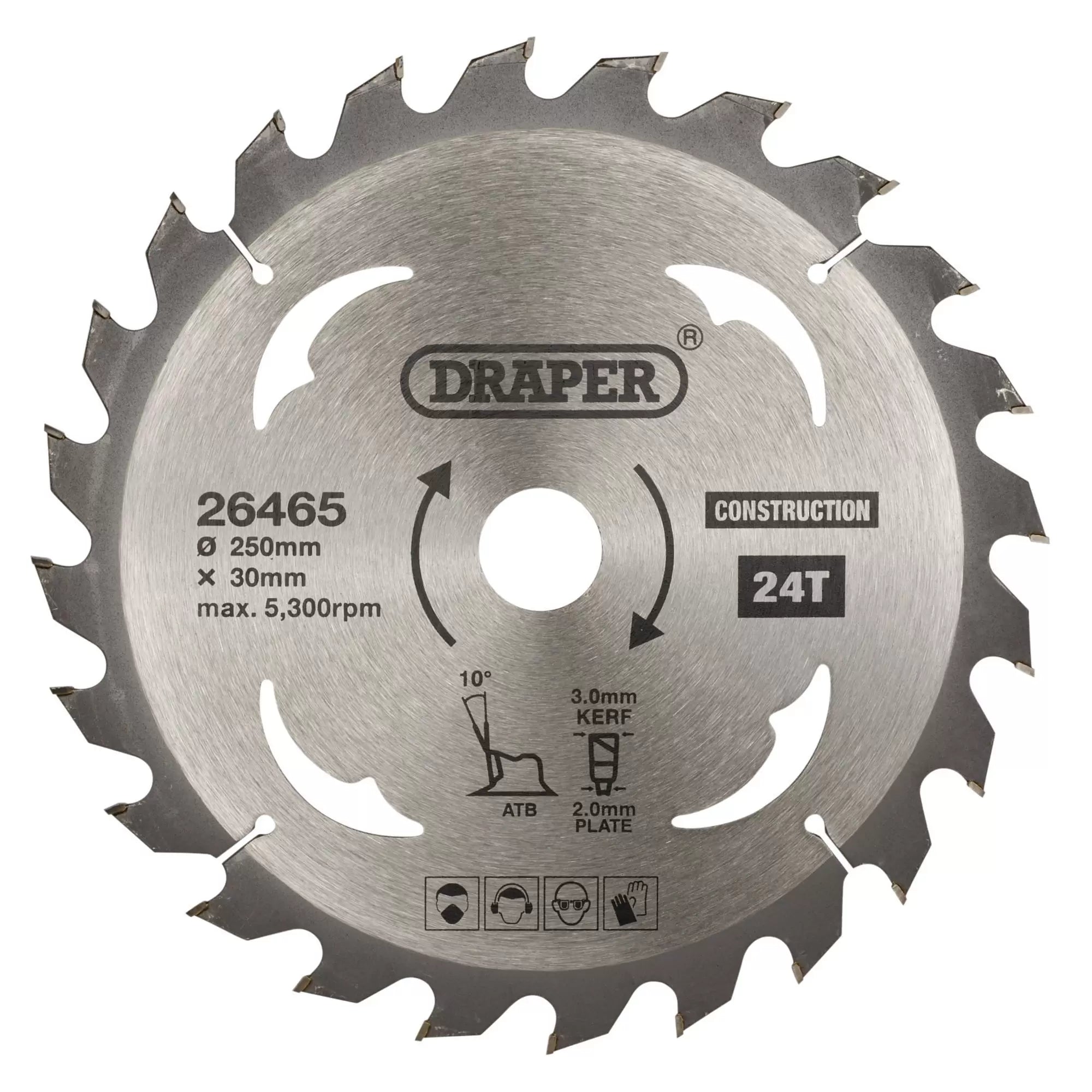 Draper Tools - 26465 - TCT Construction Circular Saw Blade, 250 x 30mm, 24T