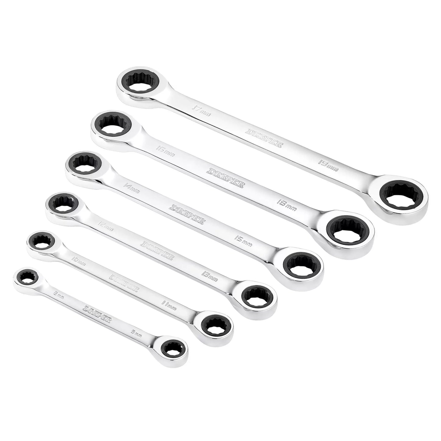 Draper Tools - 27741 - Draper HI-TORQ® Metric Double Ratchet Ring Spanner Set, 8 -19mm (6 Piece)