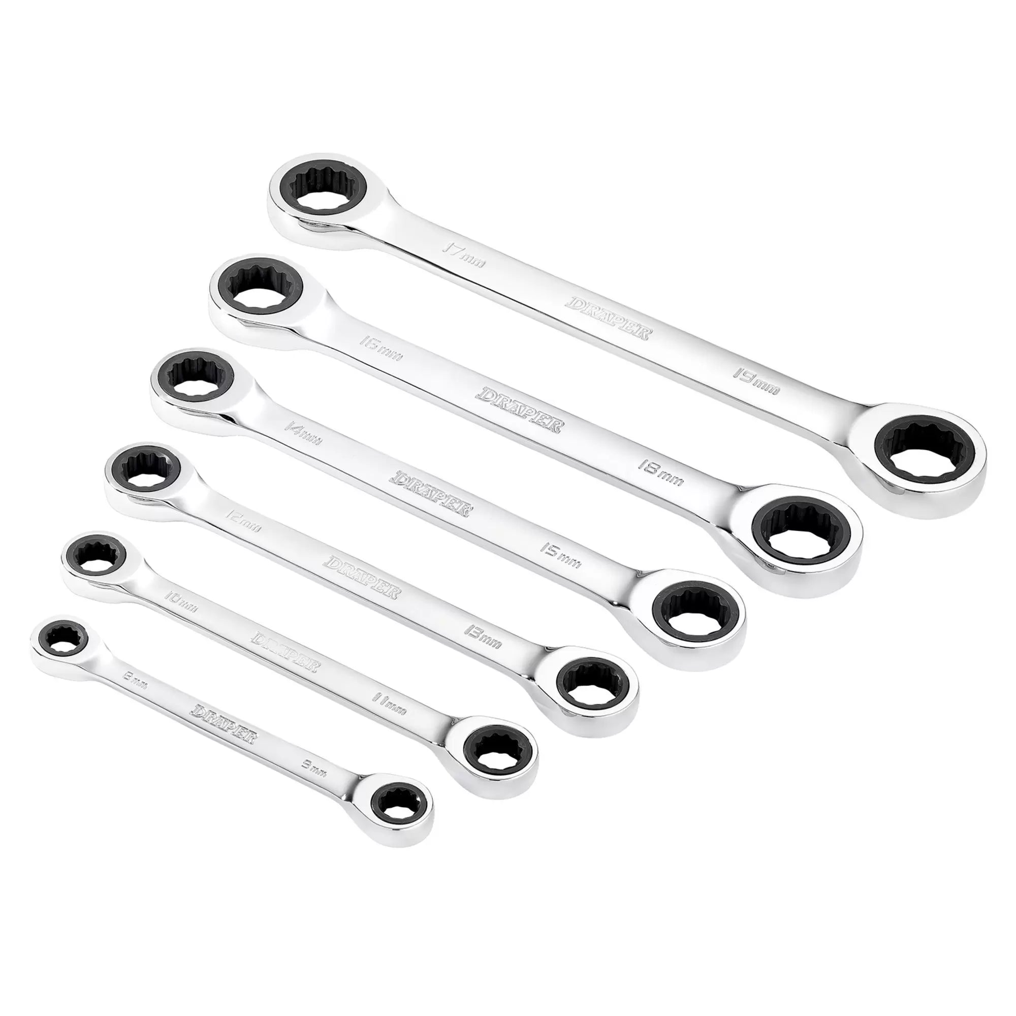 Draper Tools - 27741 - Draper HI-TORQ® Metric Double Ratchet Ring Spanner Set, 8 -19mm (6 Piece)