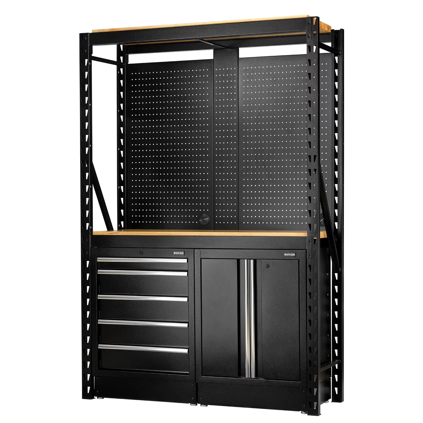 Draper Tools - 27912 - BUNKER 15 Piece Modular Storage Combo 2 Tier Racking with Hardwood Shelving, Pegboards and Floor Cabinets, 1500mm