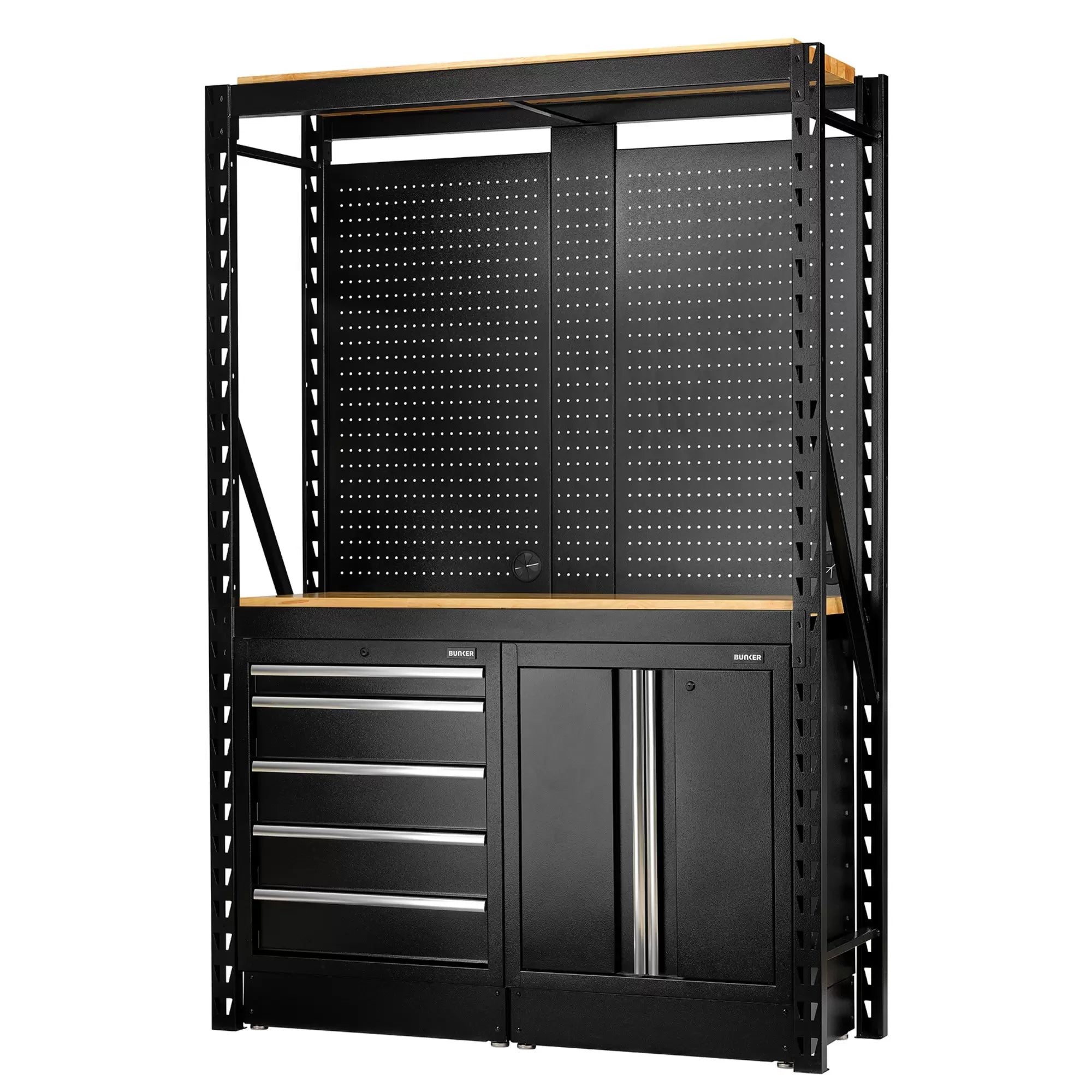 Draper Tools - 27912 - BUNKER 15 Piece Modular Storage Combo 2 Tier Racking with Hardwood Shelving, Pegboards and Floor Cabinets, 1500mm