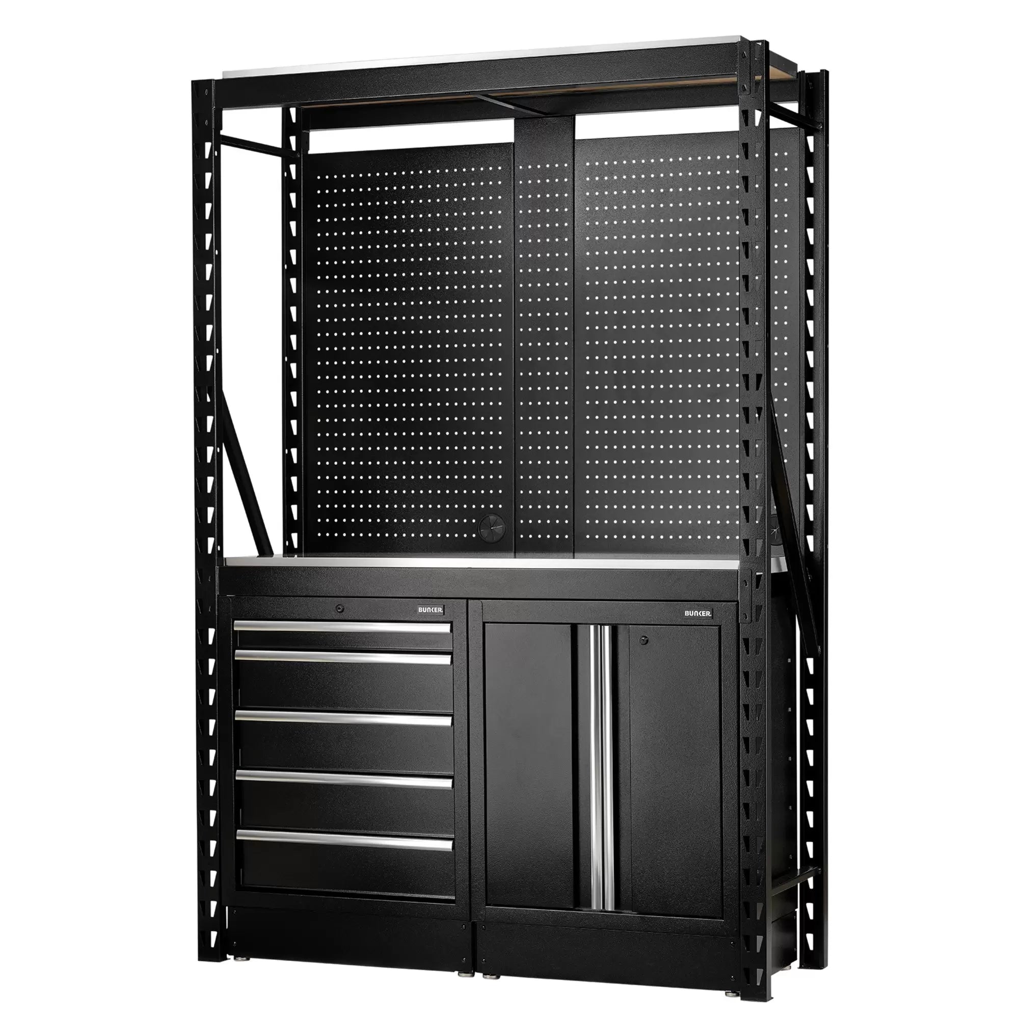 Draper Tools - 27972 - BUNKER 15 Piece Modular Storage Combo 2 Tier Racking with Stainless Steel Shelving, Pegboards and Floor Cabinets, 1500mm