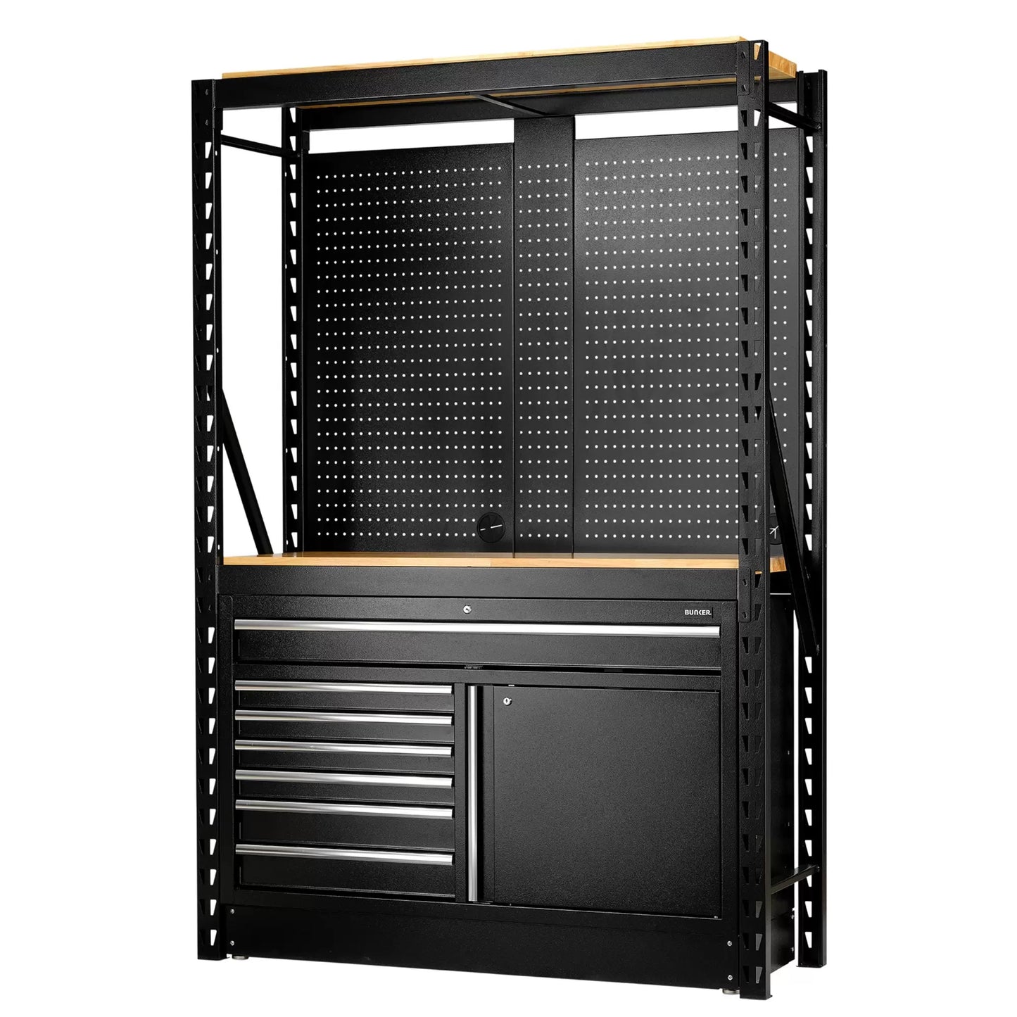 Draper Tools - 28005 - BUNKER 14 Piece Modular Storage Combo 2 Tier Racking with Hardwood Shelving, Pegboards and Floor Cabinet, 1500mm
