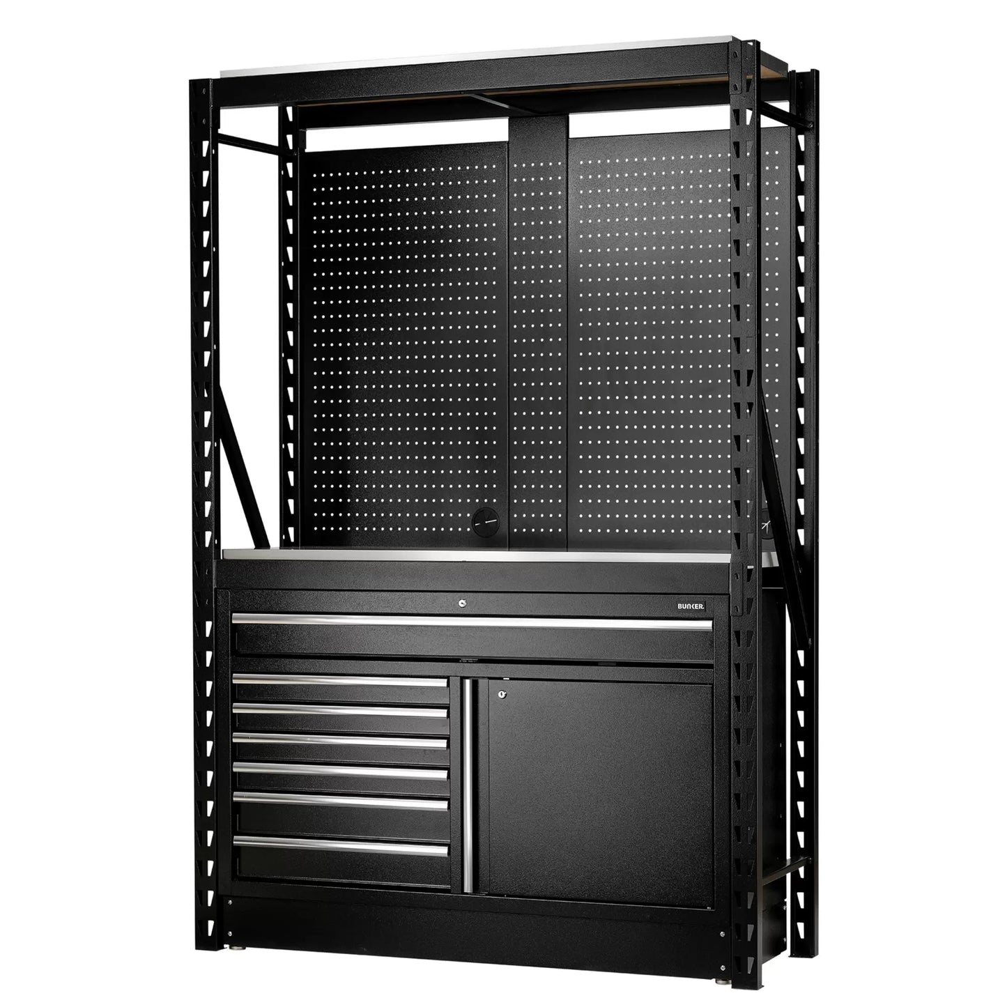 Draper Tools - 28075 - BUNKER 14 Piece Modular Storage Combo 2 Tier Racking with Stainless Steel Shelving, Pegboards and Floor Cabinet, 1500mm