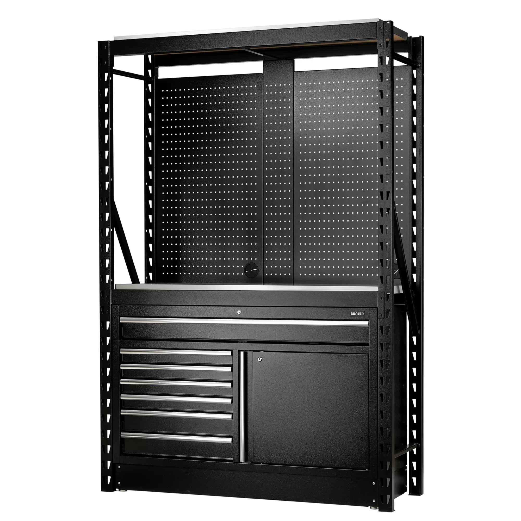 Draper Tools - 28075 - BUNKER 14 Piece Modular Storage Combo 2 Tier Racking with Stainless Steel Shelving, Pegboards and Floor Cabinet, 1500mm