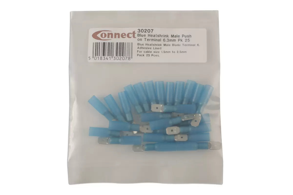 Connect - 30207 - Blue Heat Shrink Male Push on Terminal 6.3mm 25pc