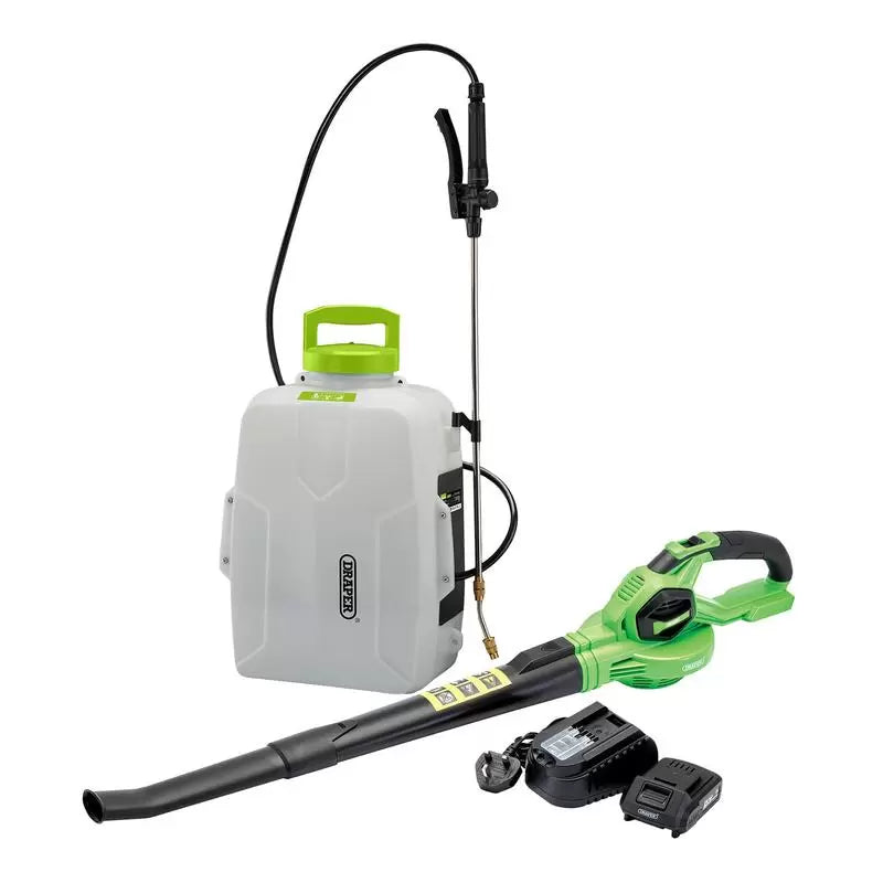Draper Tools - 30873 - D20 20V Backpack Sprayer & Leaf Blower, 1 x 2.0Ah Battery, 1 x Charger