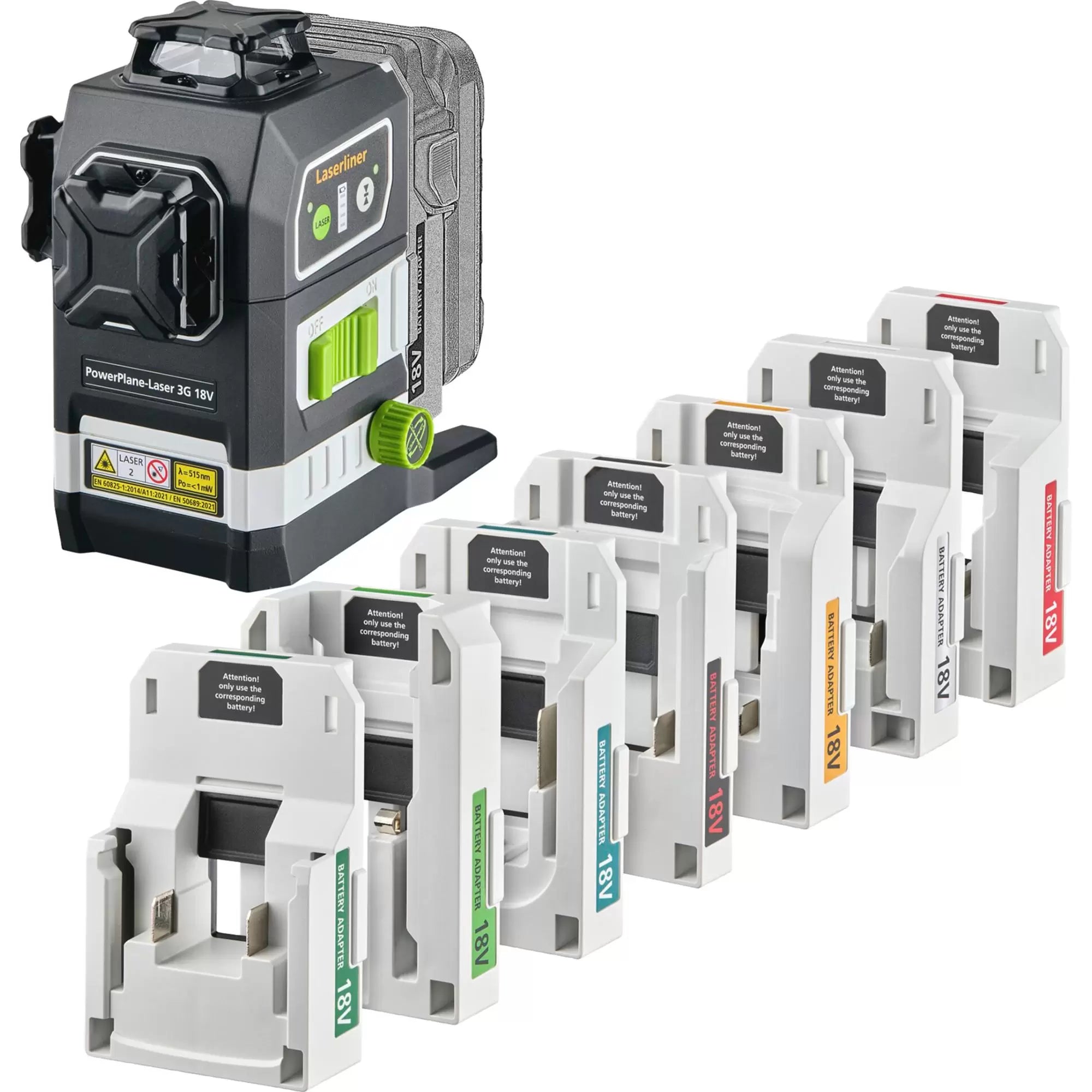 Laserliner - 32168 - Laserliner 036.380-1 PowerPlane-Laser 3G Multi-18V Three-Dimensional Green Laser Kit with 7 Power Adapters
