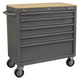 American PRO® Mobile Workstation with Wooden Worktop 5 Drawer - Grey