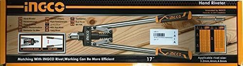 INGCO 17-Inch Heavy-Duty Hand Riveter – 3-Piece Nozzle, Steel &amp; Aluminum – HR171