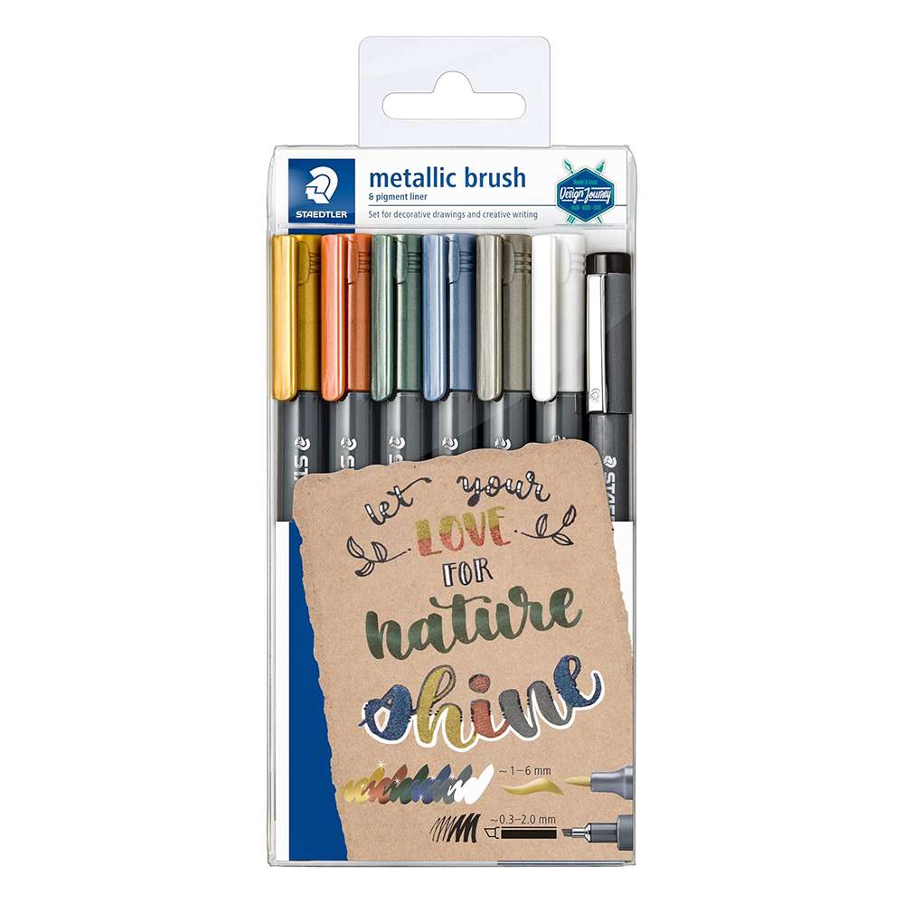 Staedtler 6 Metallic Brush Marker Set 1–2 mm, 1 Pigment Liner in Case - Pack of 6+1