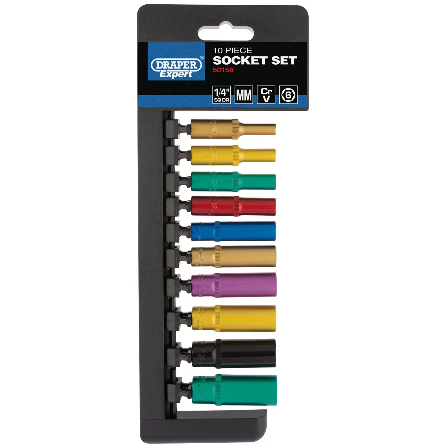 Draper Tools - 50158 - Draper Expert Metric Coloured Deep Socket Set, 1/4" Sq. Dr. (10 Piece)