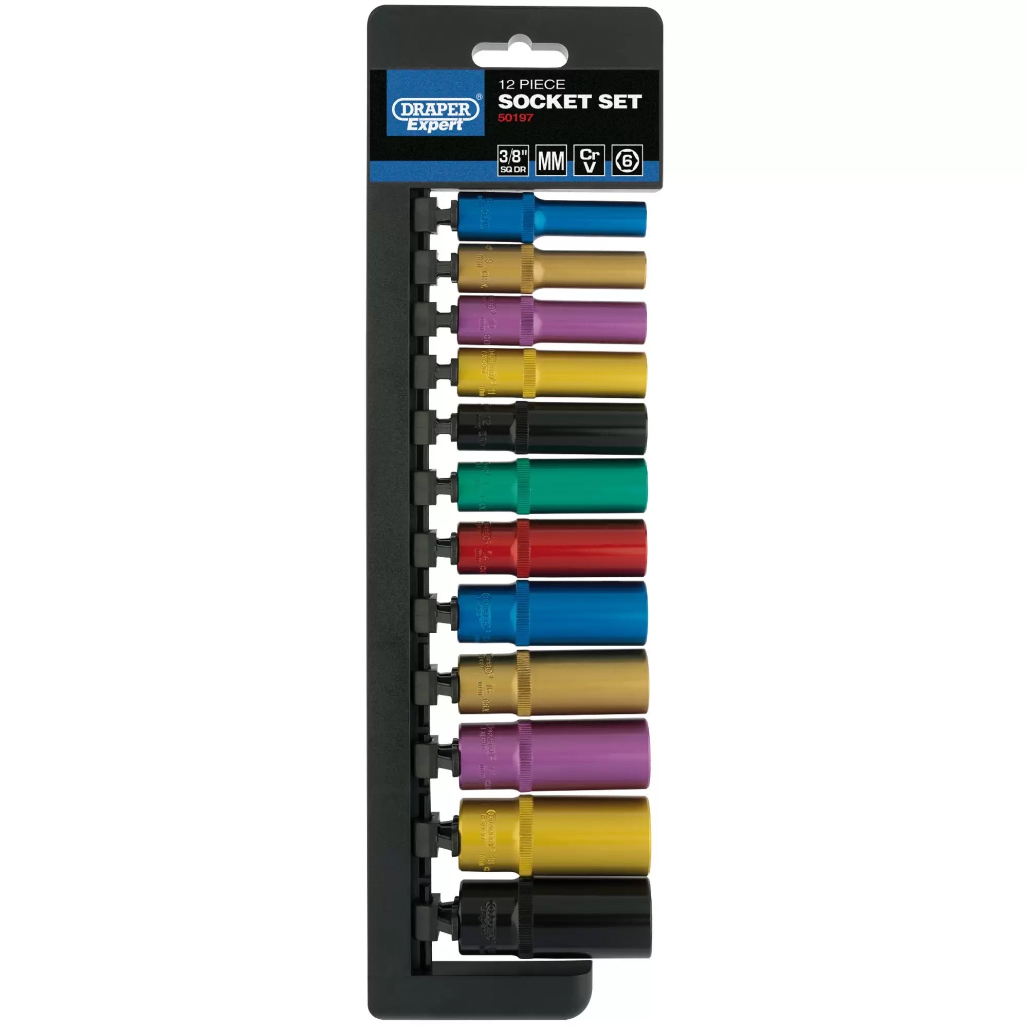 Draper Tools - 50197 - Draper Expert Metric Coloured Deep Socket Set, 3/8" Sq. Dr. (12 Piece)