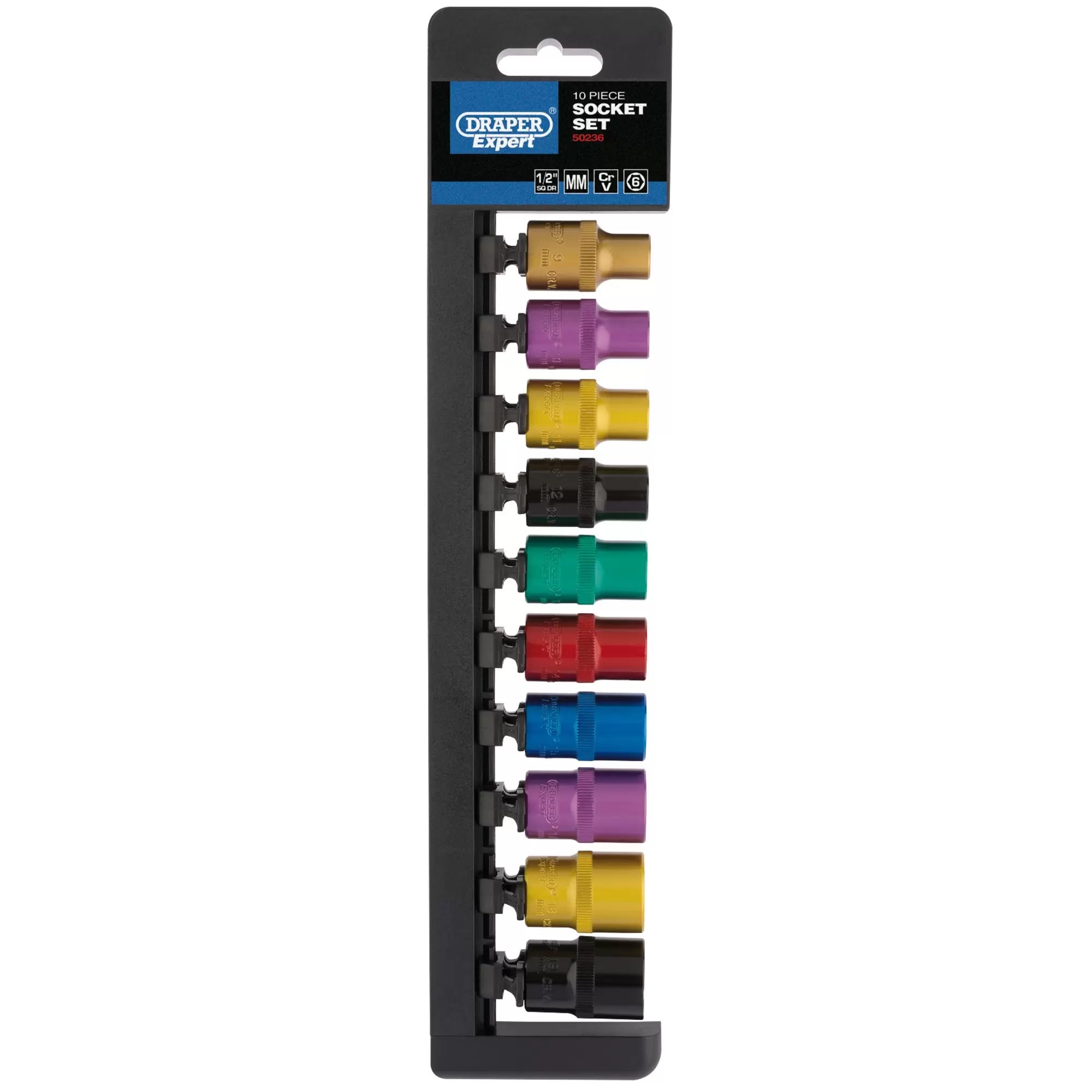 Draper Tools - 50493 - Draper Expert Metric Coloured Socket Set, 1/2" Sq. Dr. (10 Piece)