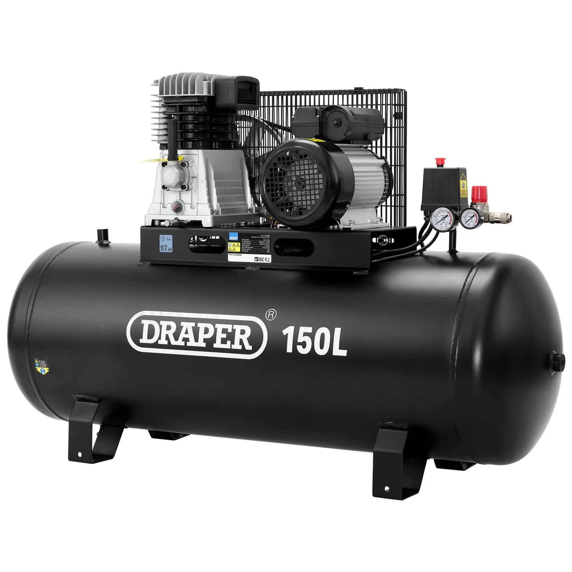 Draper Tools - 55304 - 230V 150L Stationary Belt-Driven Air Compressor, 2.2kW/3HP