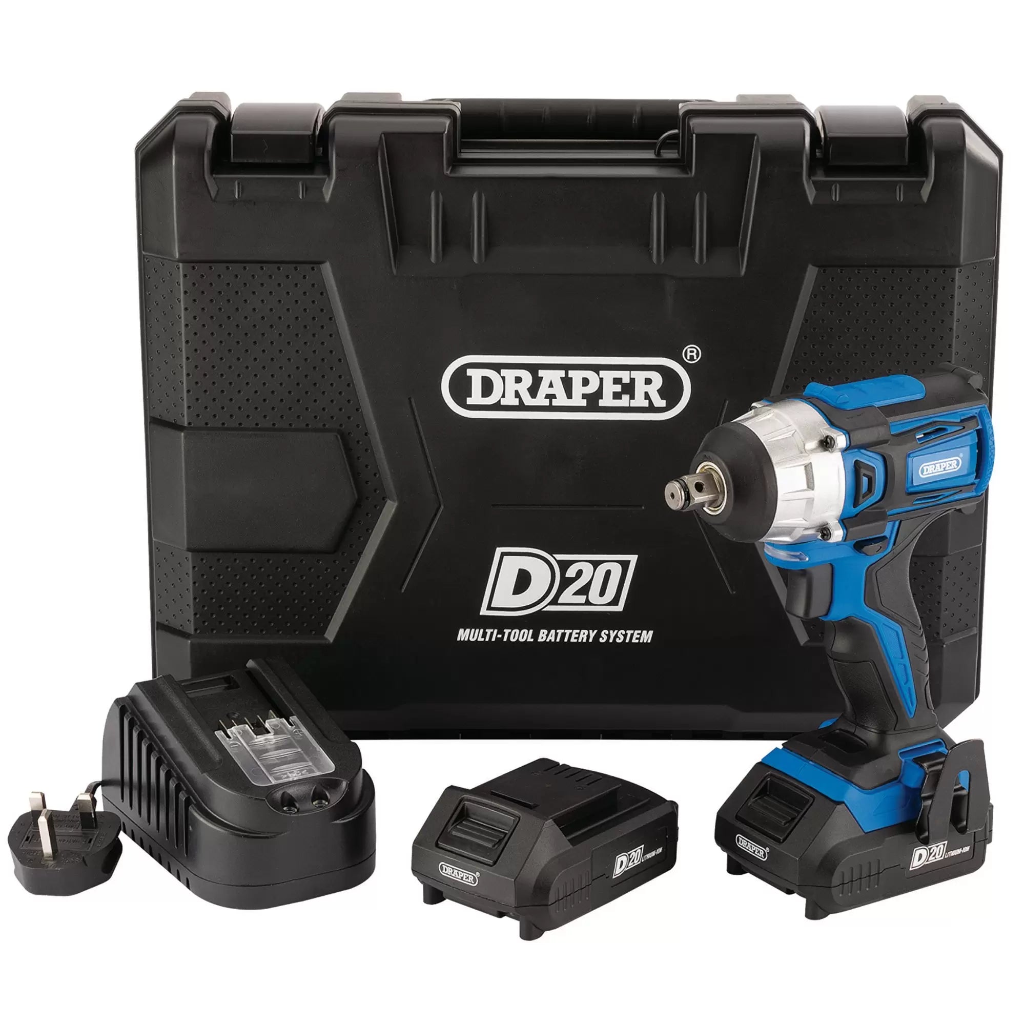 Draper Tools - 55343 - D20 20V Brushless Impact Wrench, 1/2" Sq. Dr., 250Nm, 2 x 2.0Ah Batteries, 1 x Charger