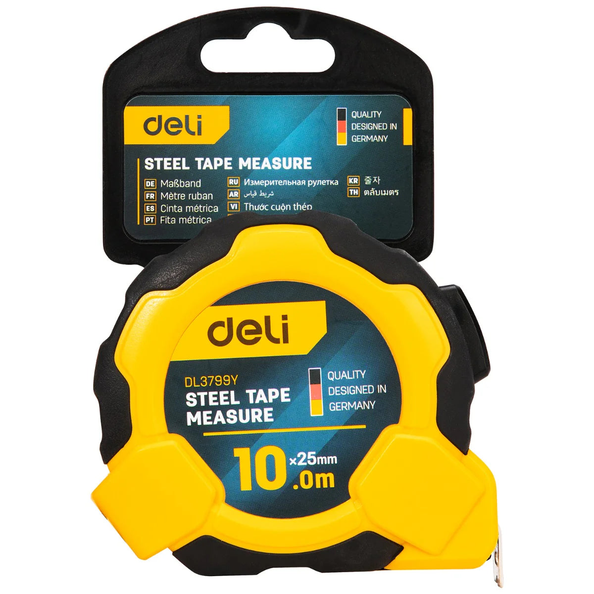Deli Self-Locking Measuring Tape, 10m x 25mm, Used for One-Handed Use on Site