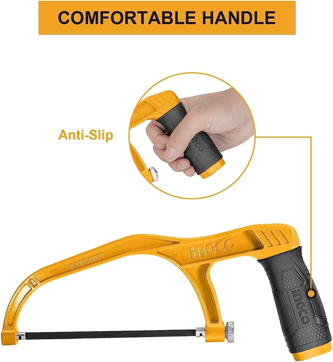 INGCO 12-Inch Hacksaw Frame with Blade – Adjustable Pistol Grip – HHFS3068