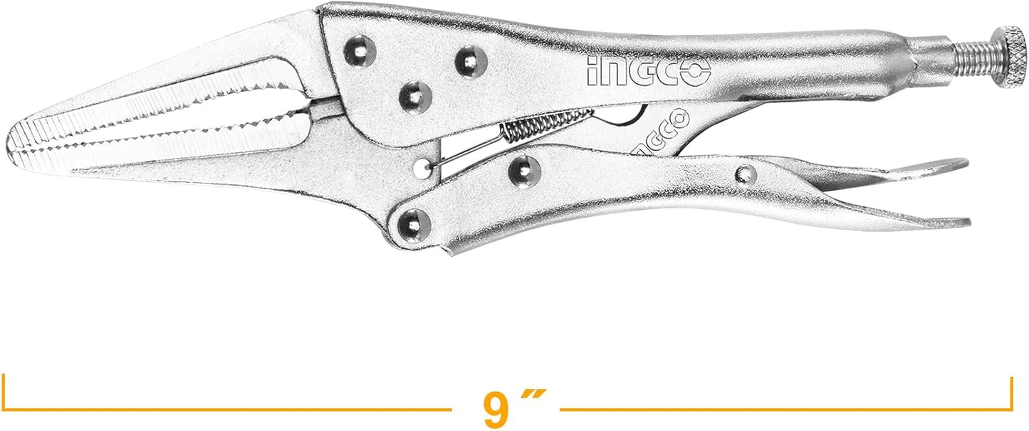INGCO 9-Inch Long Nose Locking Pliers – Adjustable Vise-Grip with Extended Jaw – HLNP0209