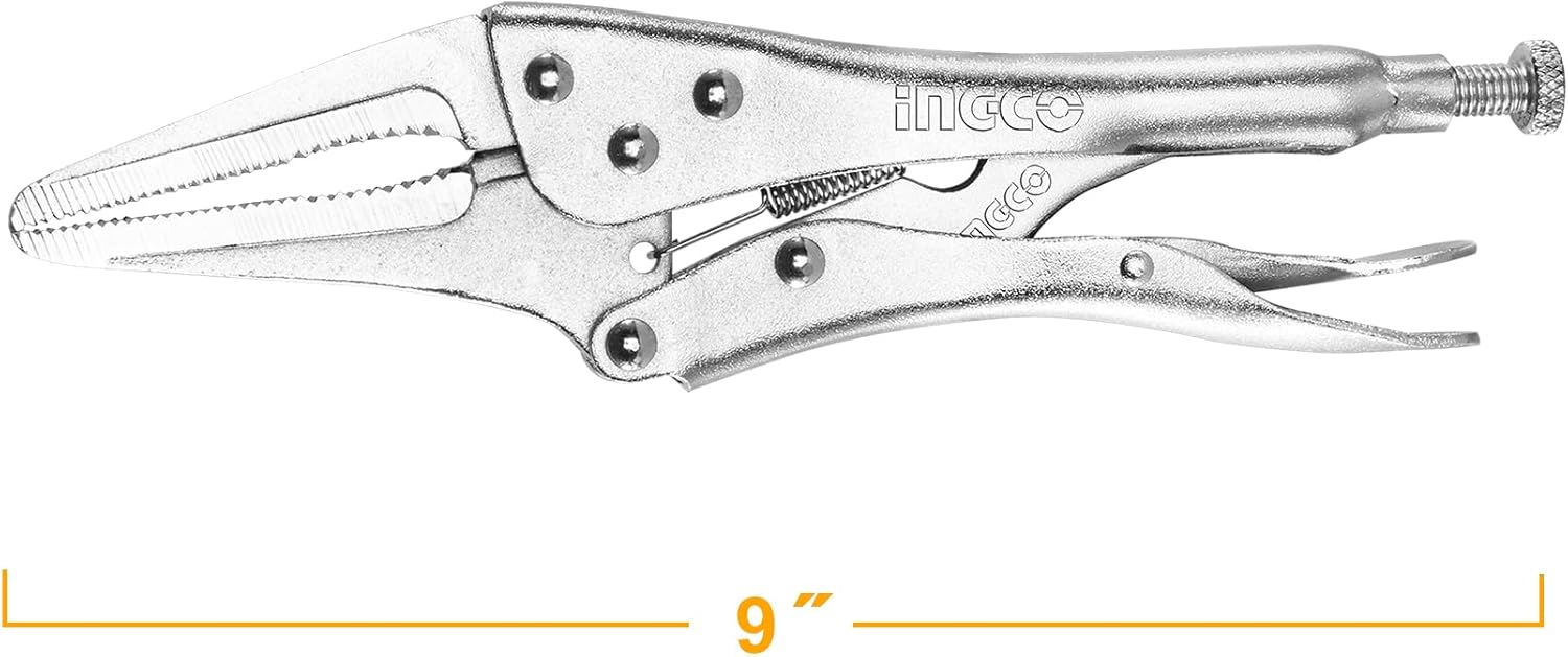 INGCO 9-Inch Long Nose Locking Pliers – Adjustable Vise-Grip with Extended Jaw – HLNP0209