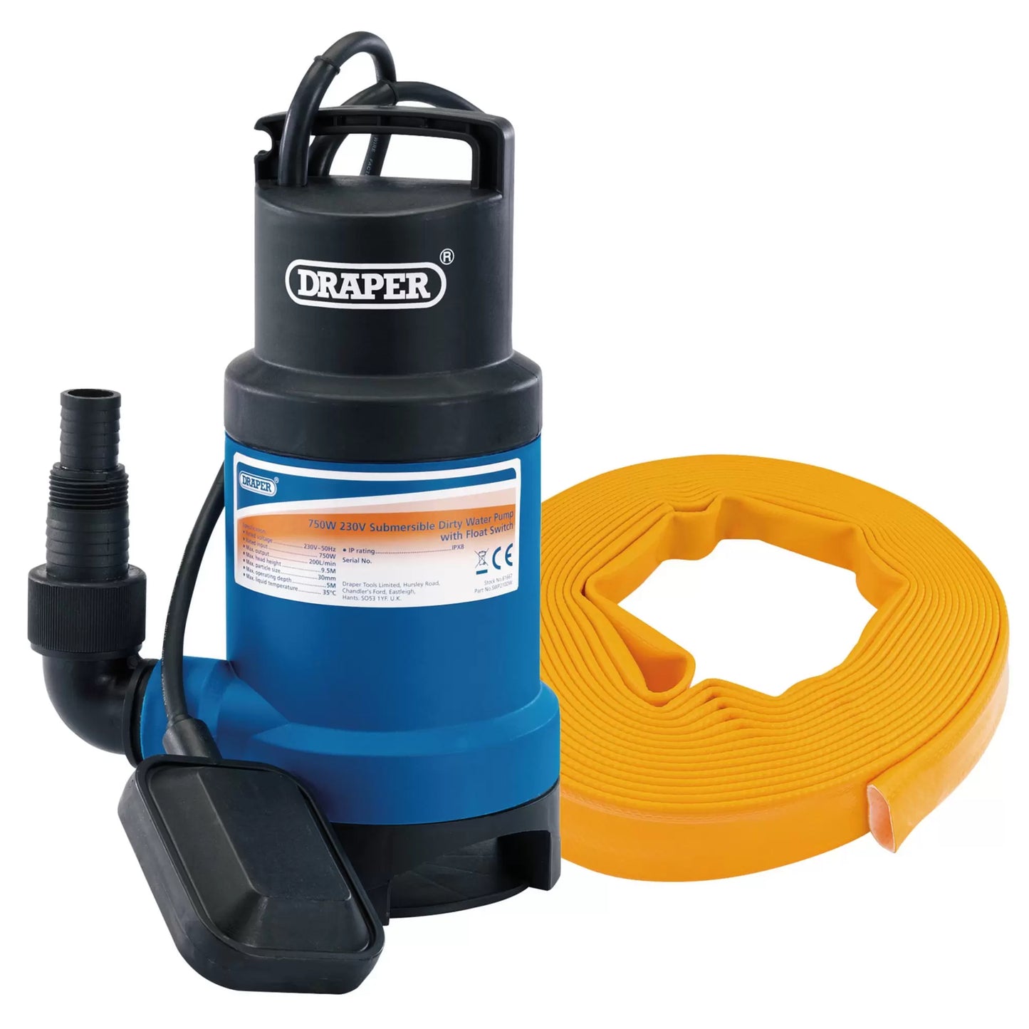 Draper Tools - 61814 - Submersible Dirty Water Pump Kit with Layflat Hose & Adaptor, 200L/Min, 10m x 25mm, 350W